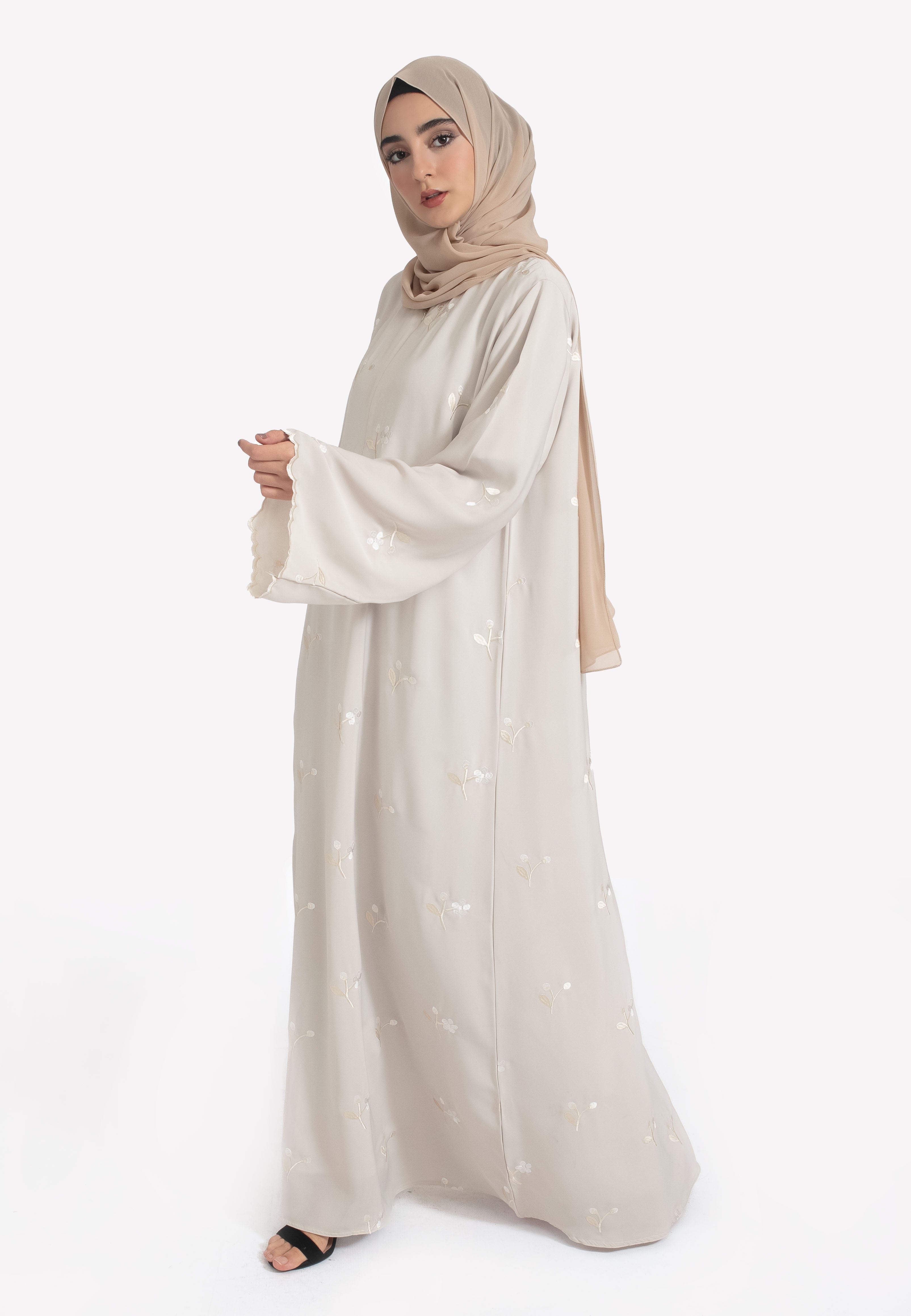 Jasmine Embroidered Closed Abaya | Nursing Friendly | Beige Nida