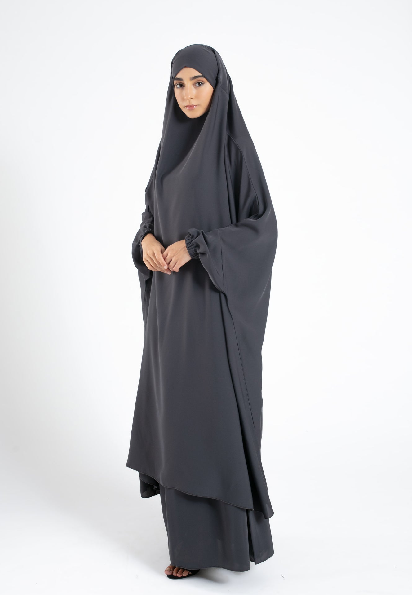 grey dress with hijab Two-Piece Jilbab / Prayer Set Dress With Elasticated Sleeves