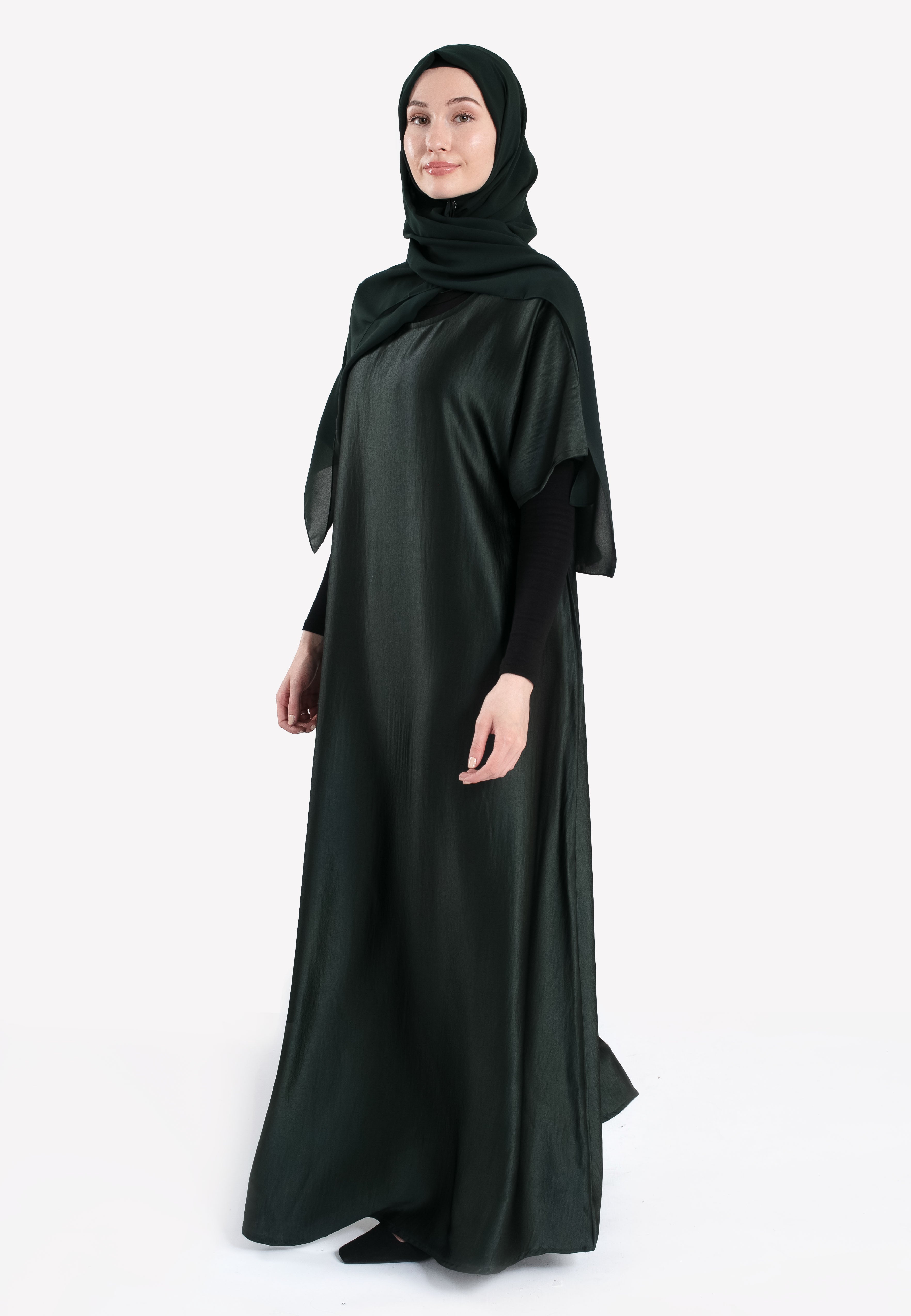 Emerald Aura Satin Slip Midi Dress