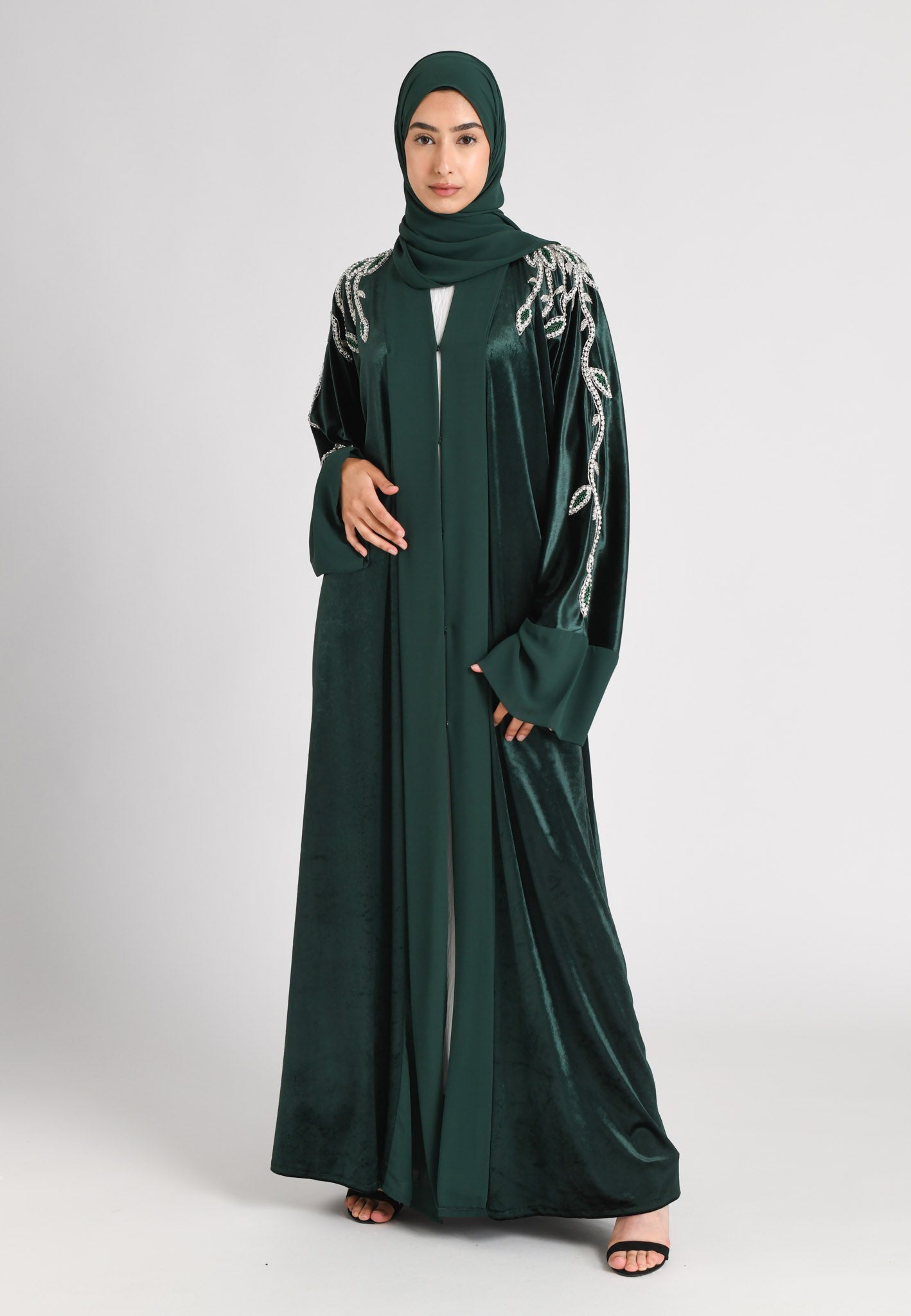 Luxury Ethereal Emerald Green Velvet Open Abaya 60 Luxury Ethereal Emerald Green Velvet Open Abaya 60