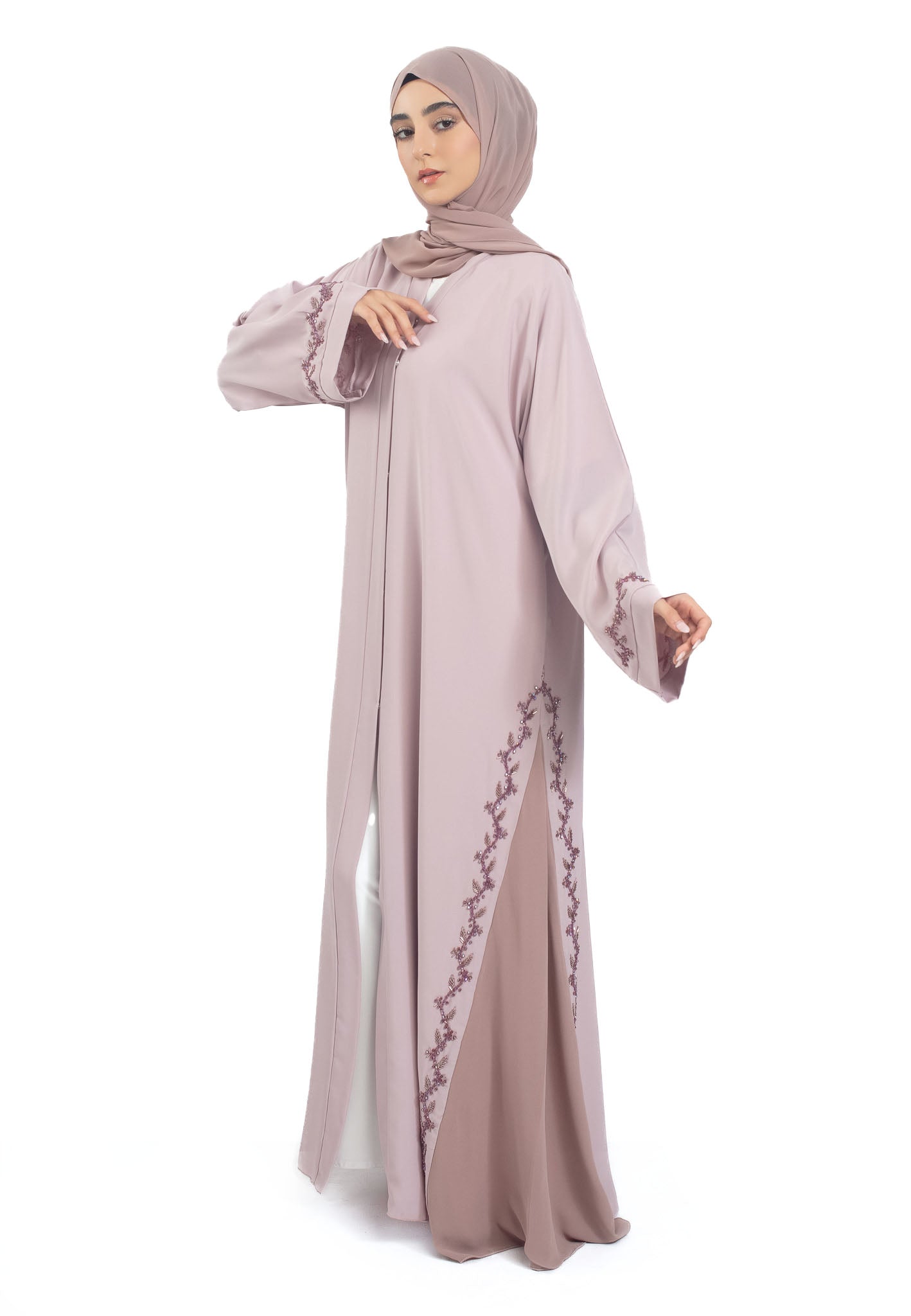 Rosy Mauve Nida Abaya with Chiffon Panels | Hayah Al-Muslimah