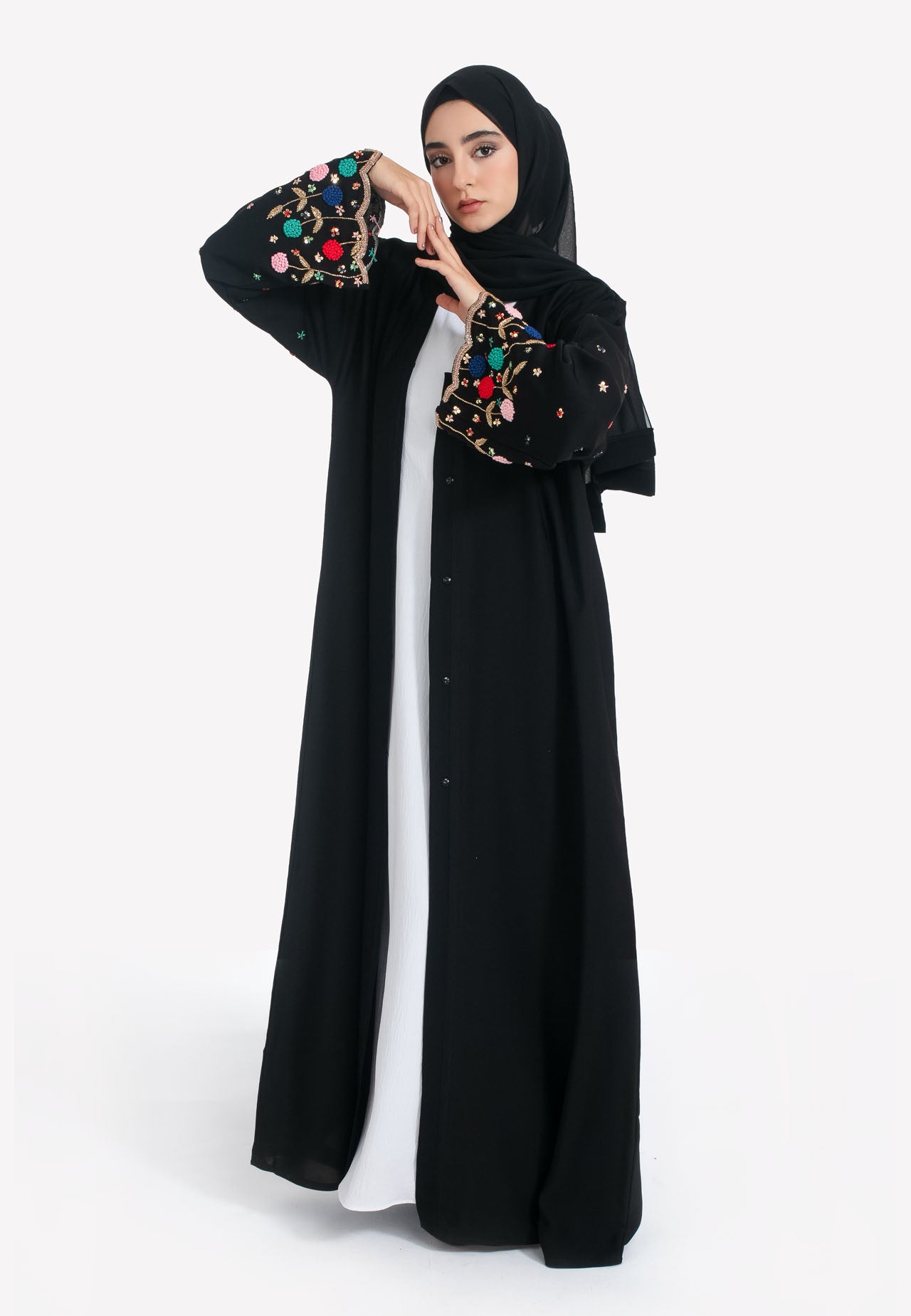 Black Open Abaya with Vibrant Embroidery | Perfect for Eid