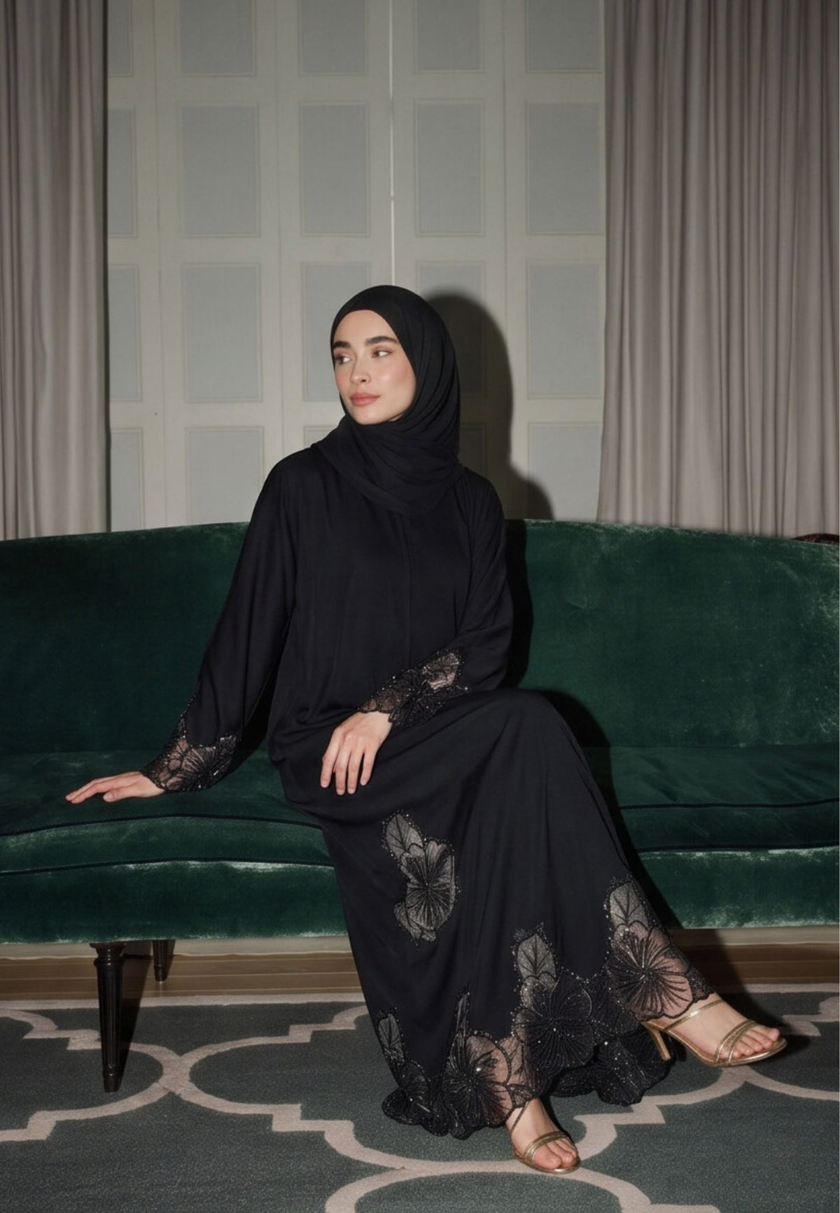 Luxury Black Hibiscus Khaleeji Lace Open Abaya (Premium)