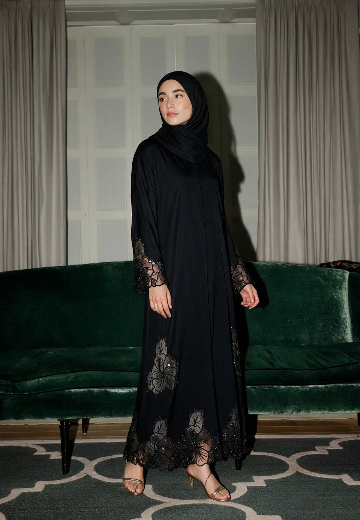 Luxury Black Hibiscus Khaleeji Lace Open Abaya (Premium)