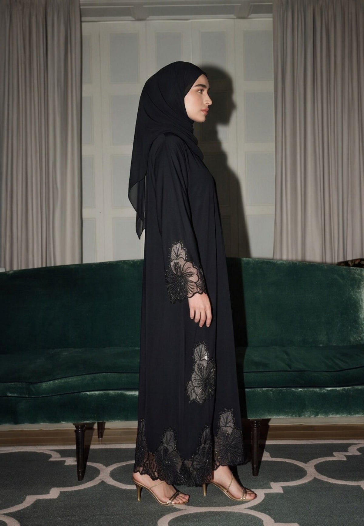 Luxury Black Hibiscus Khaleeji Lace Open Abaya (Premium)