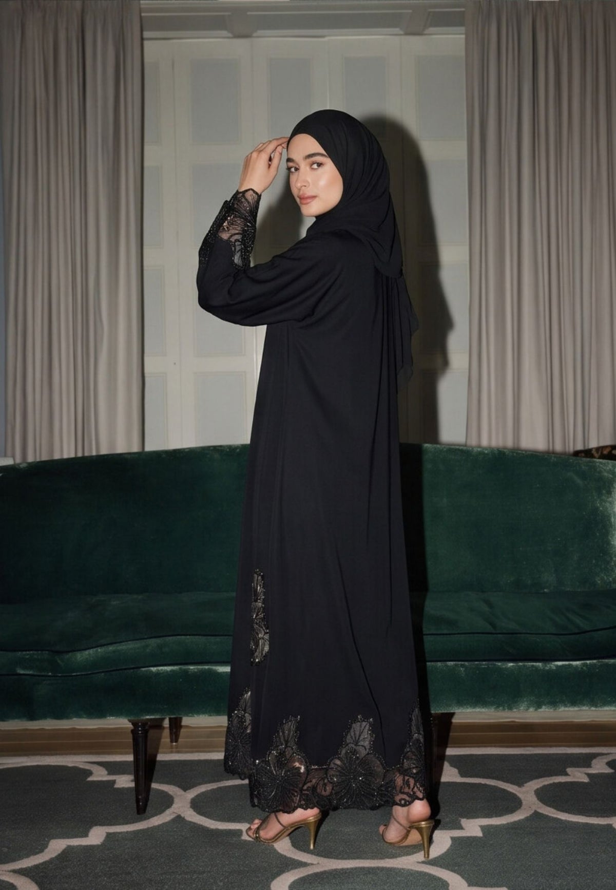 Luxury Black Hibiscus Khaleeji Lace Open Abaya (Premium)
