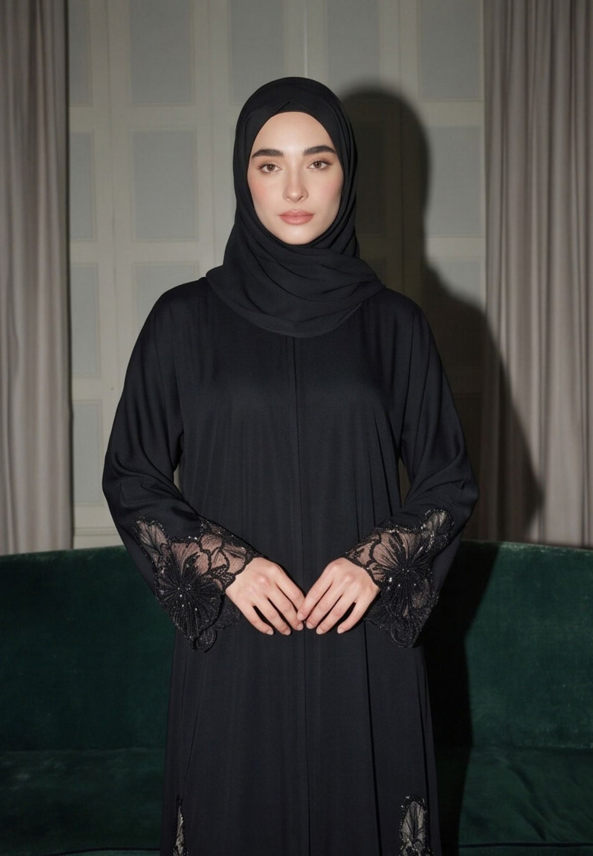 Luxury Black Hibiscus Khaleeji Lace Open Abaya (Premium)