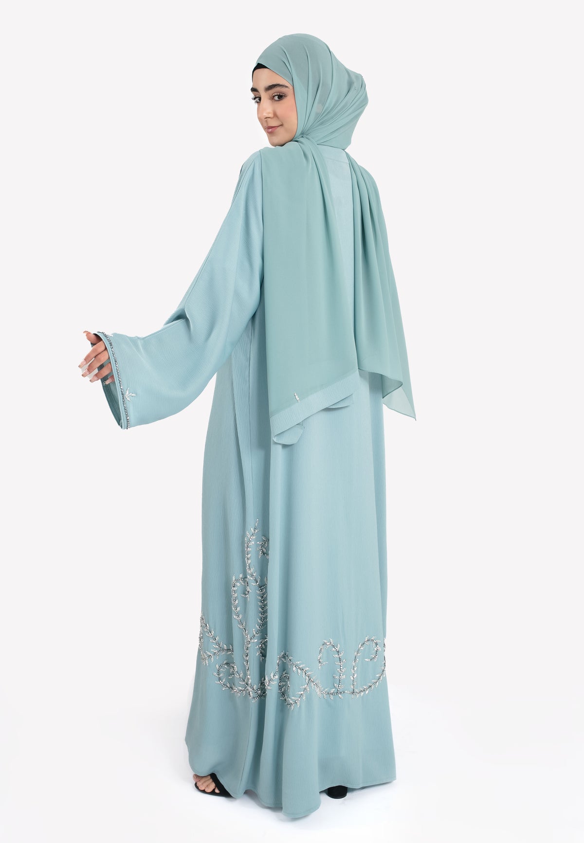 Aqua Embellished Open Abaya - Back