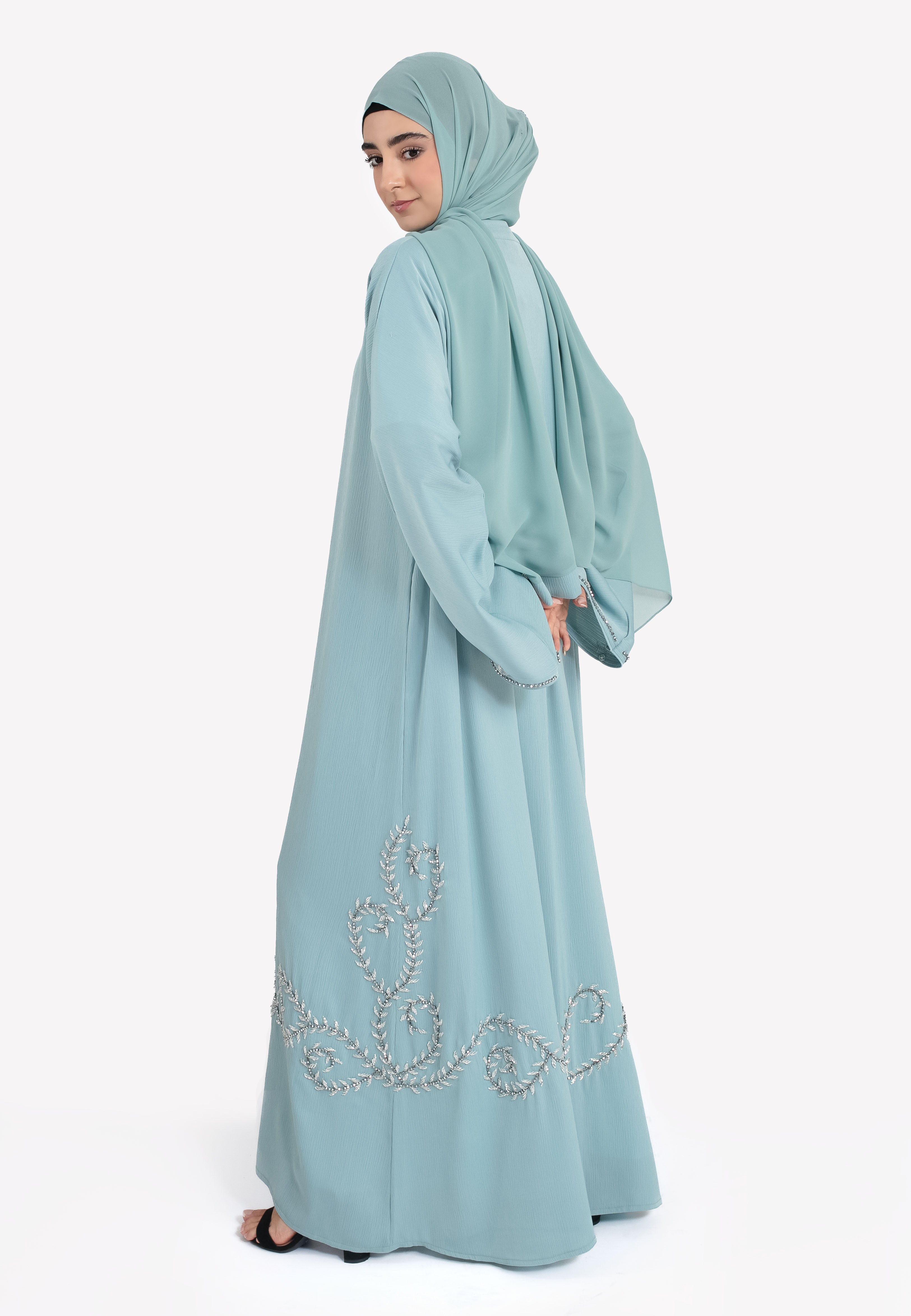 Aqua Textured Embellished Open Abaya | Hayah Al-Muslimah