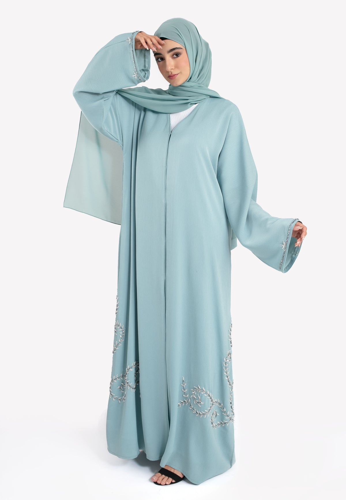 Aqua Embellished Open Abaya - Front Closed