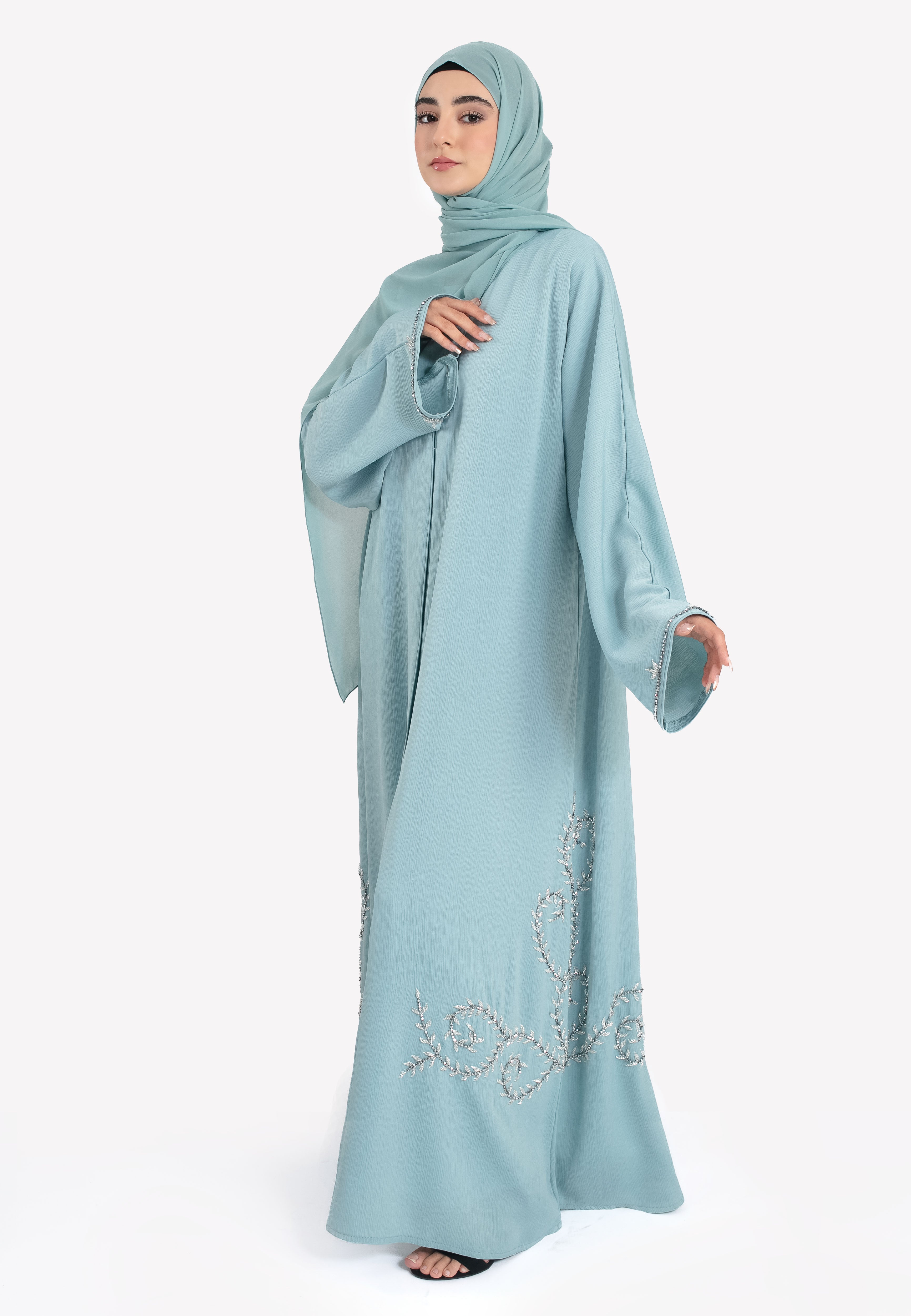 Aqua Textured Embellished Open Abaya | Hayah Al-Muslimah