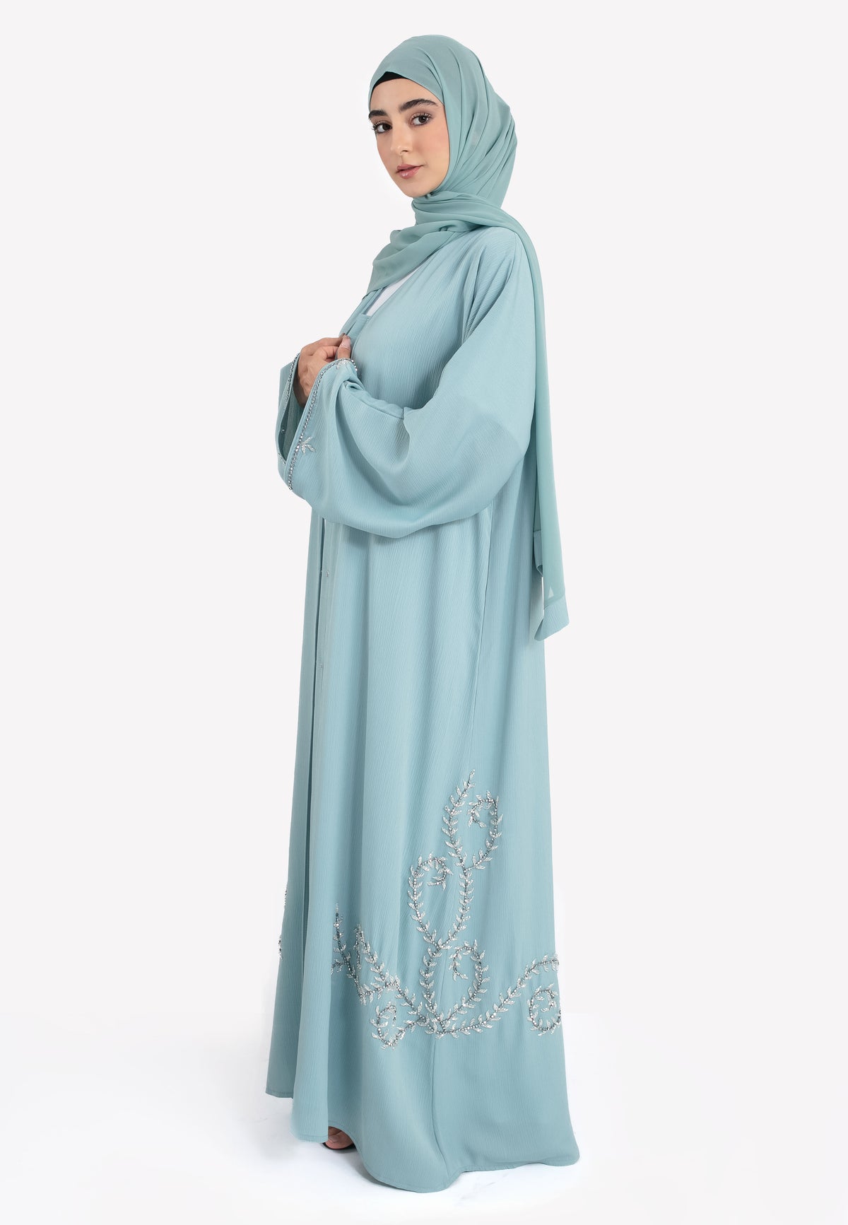Aqua Embellished Open Abaya - Side