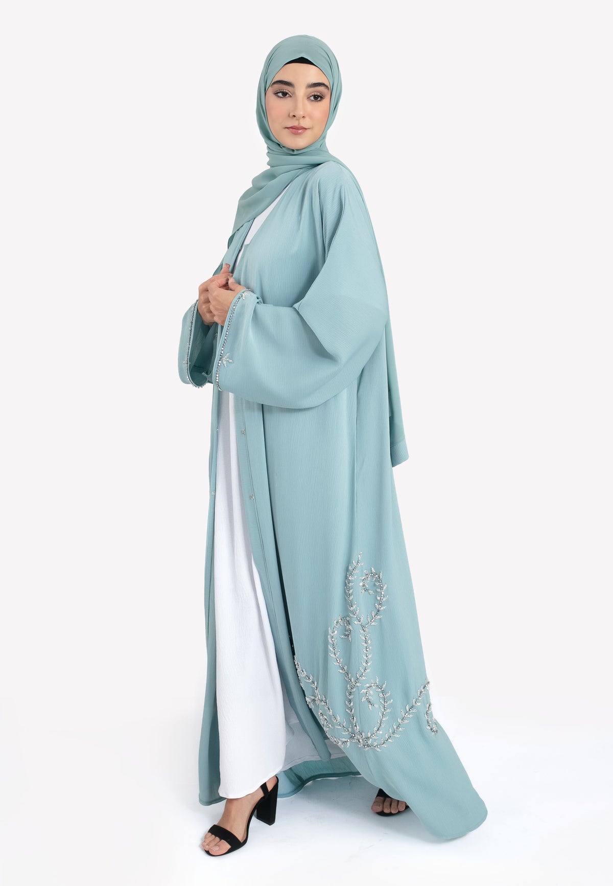 Aqua Embellished Open Abaya - Front