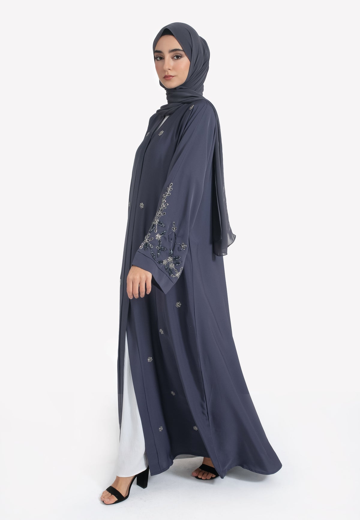Grey Embellished Open Abaya