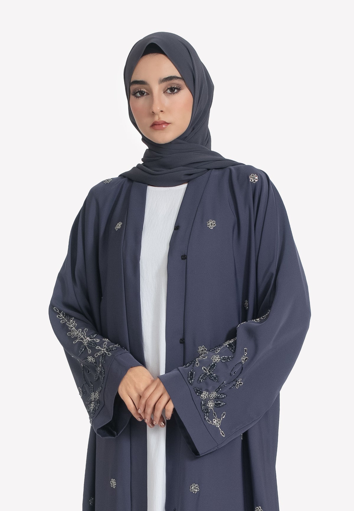 Embellishment Detailing of Grey Embellished Abaya