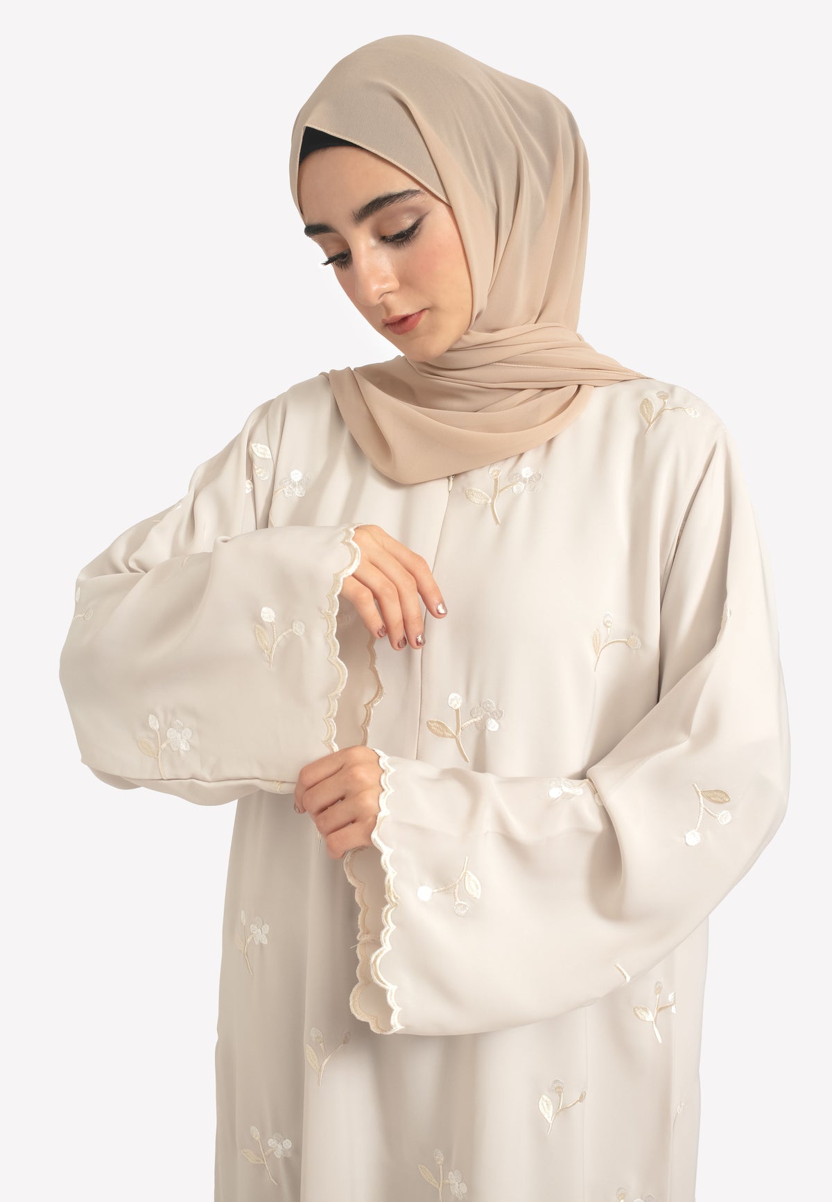 Beige Abaya Embroidered Sleeves