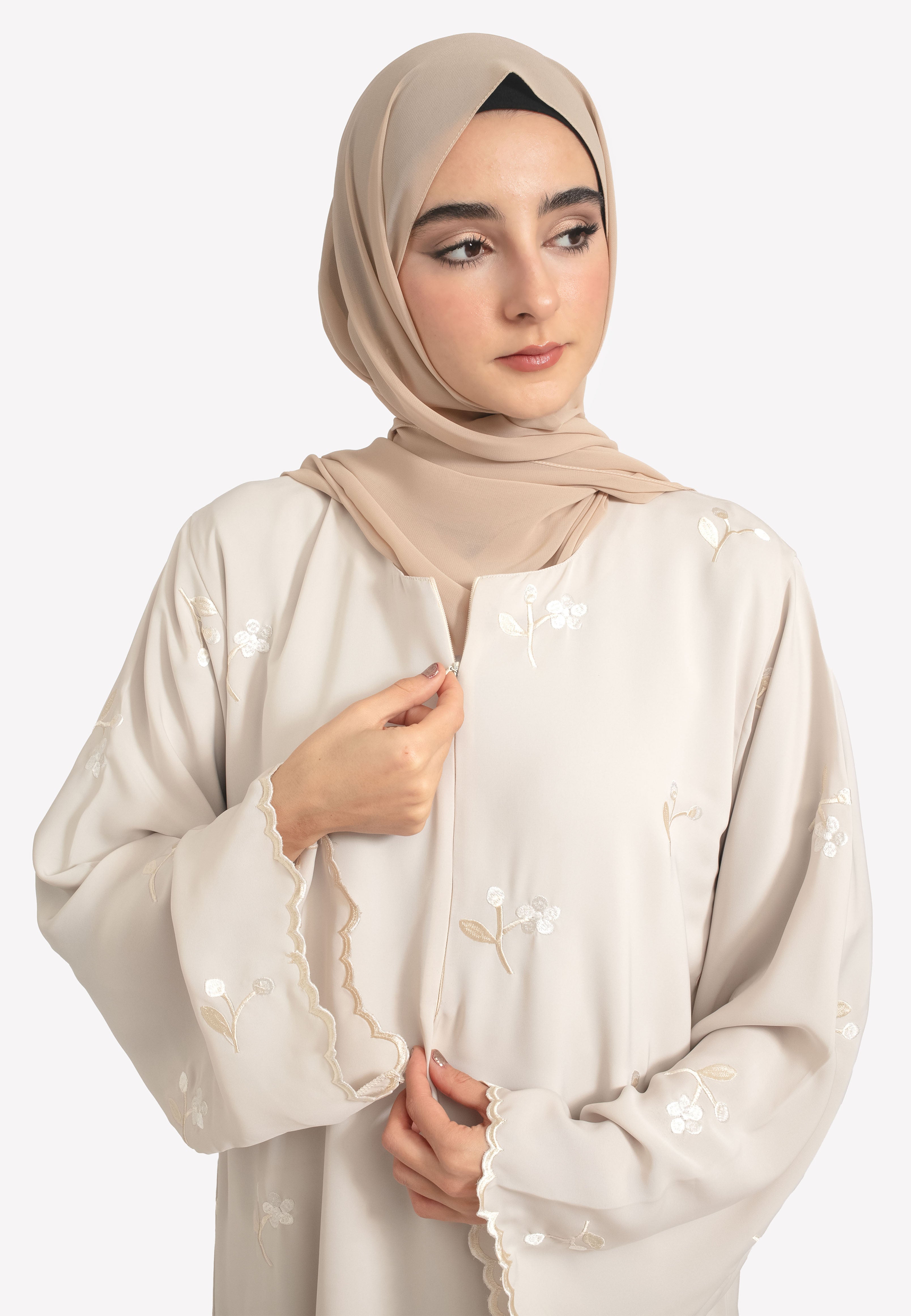 Jasmine Embroidered Closed Abaya | Nursing Friendly | Beige Nida