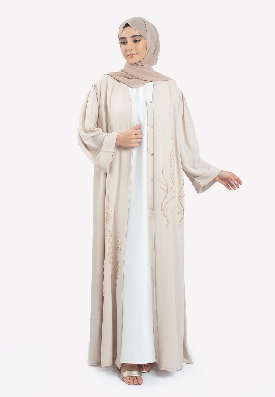 Beige Emirati Pearl Beaded Abaya