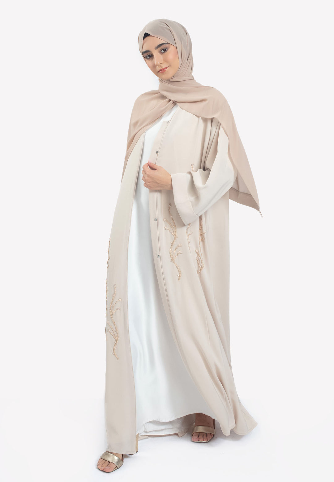 Beige Emirati Pearl Beaded Abaya