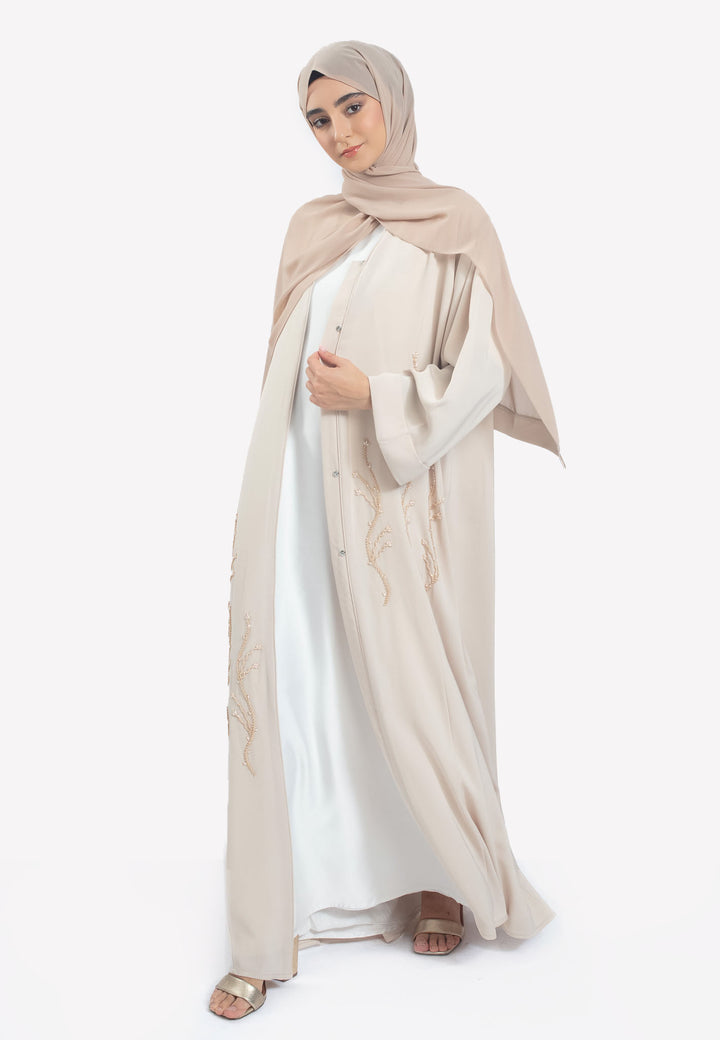Beige Emirati Pearl Beaded Abaya