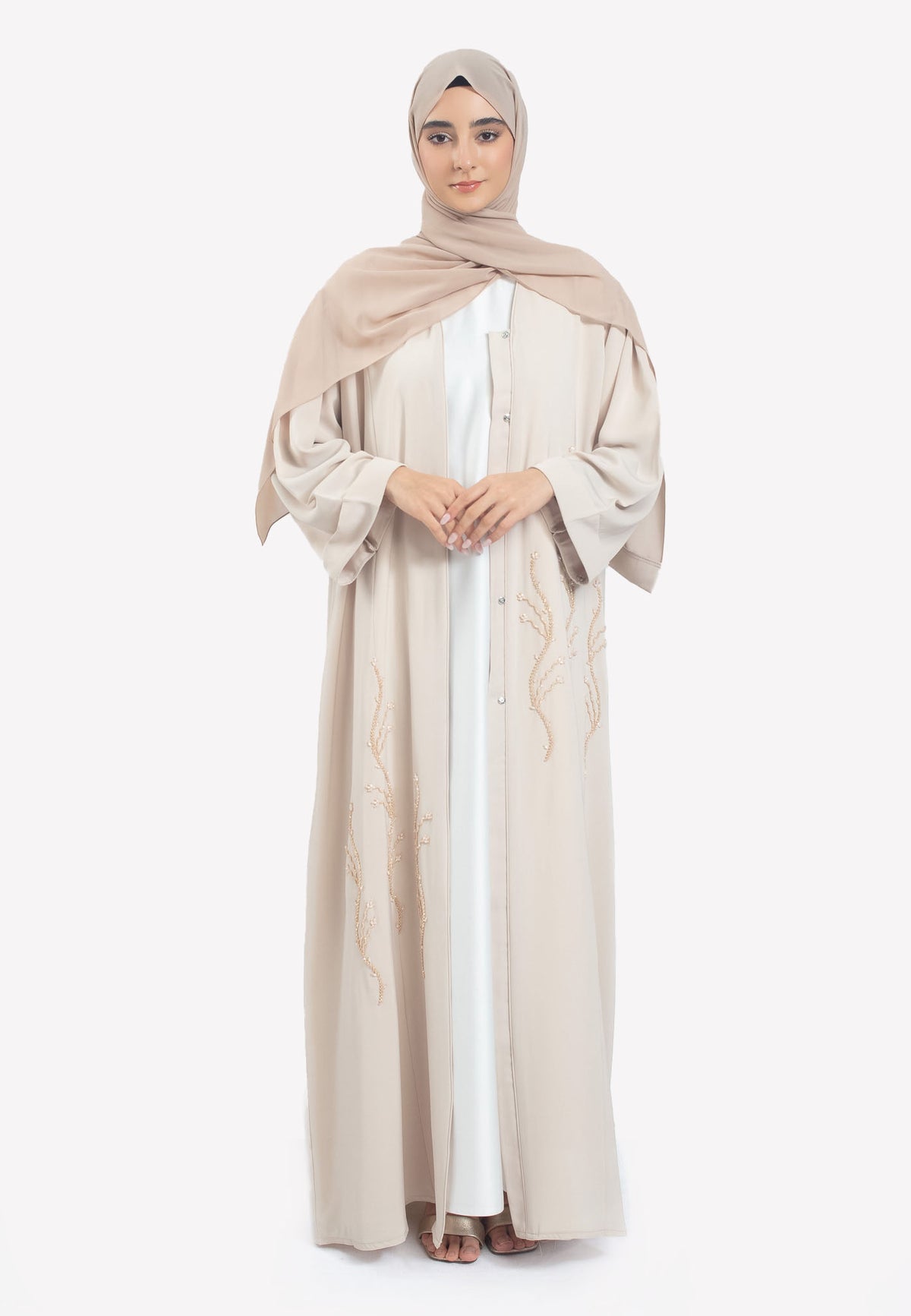 Beige Emirati Pearl Beaded Abaya