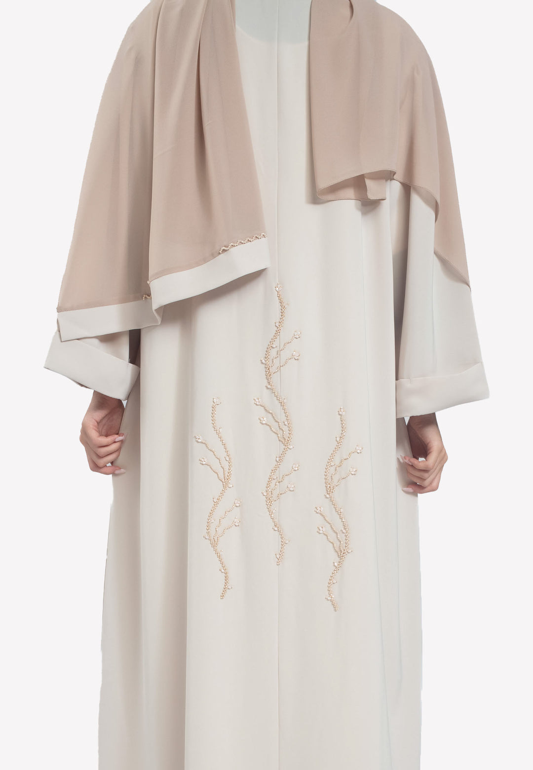 Beige Emirati Pearl Beaded Abaya