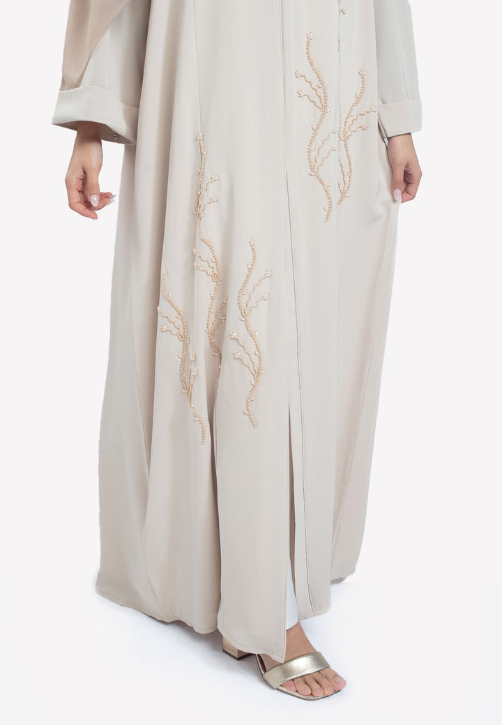 Beige Emirati Pearl Beaded Abaya