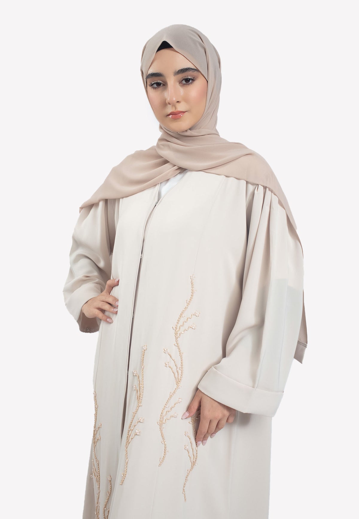 Beige Emirati Pearl Beaded Abaya