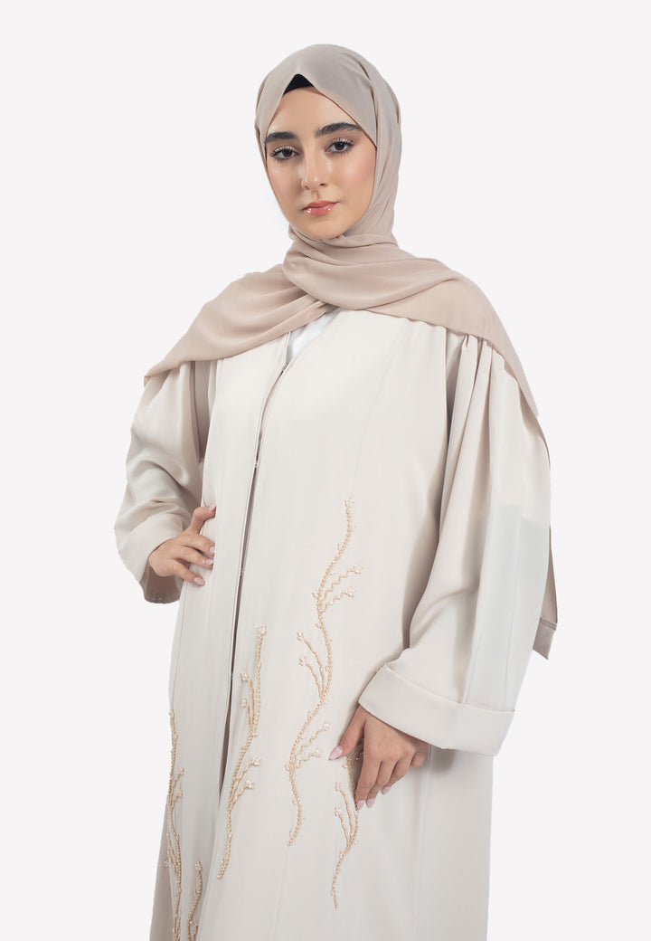 Beige Emirati Pearl Beaded Abaya