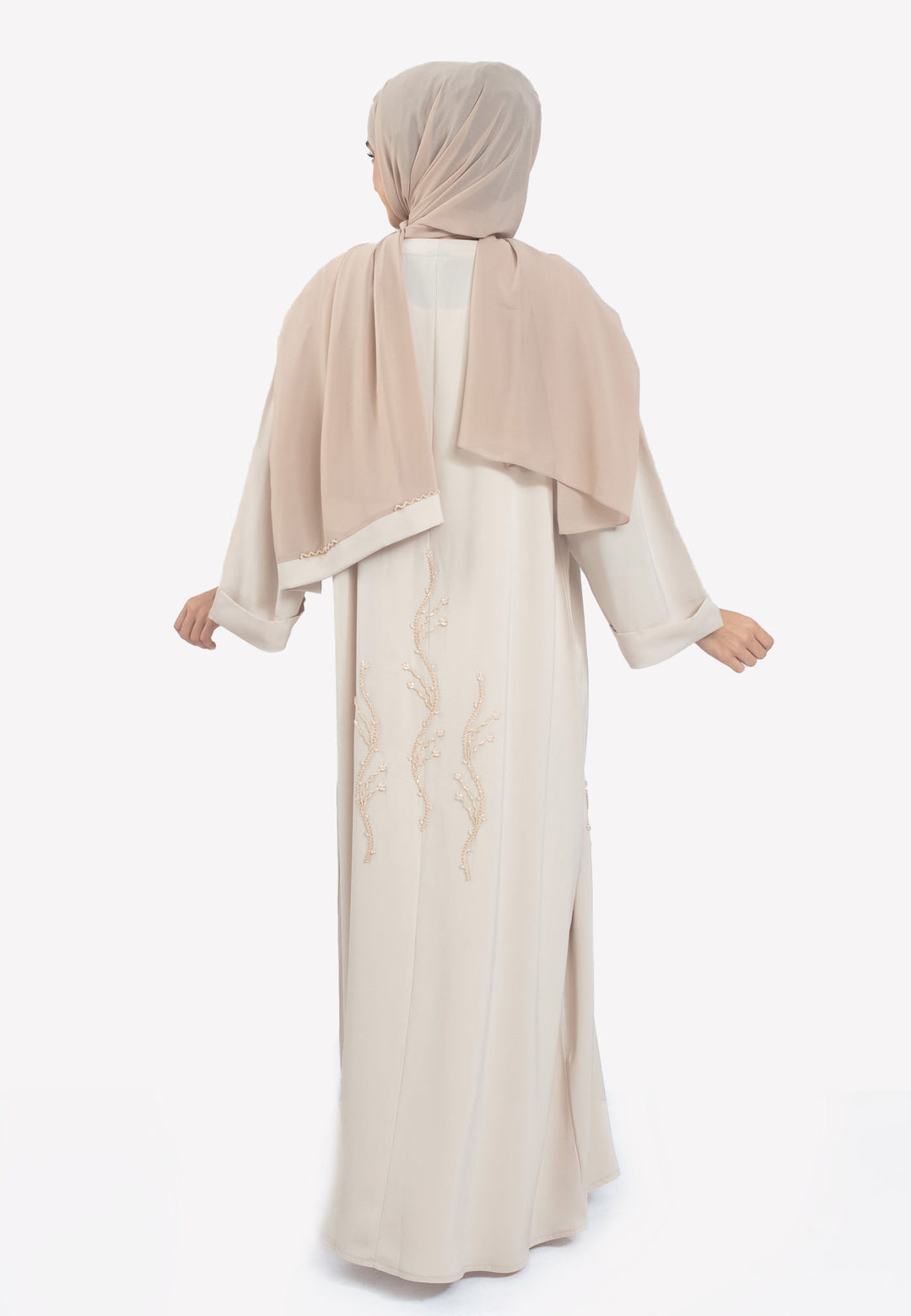 Beige Emirati Pearl Beaded Abaya