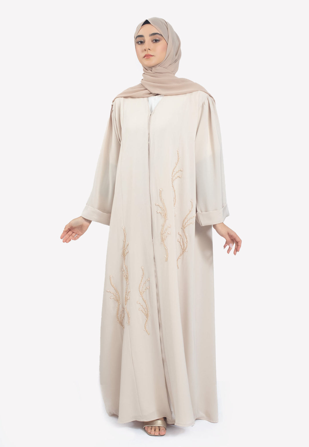 Beige Emirati Pearl Beaded Abaya