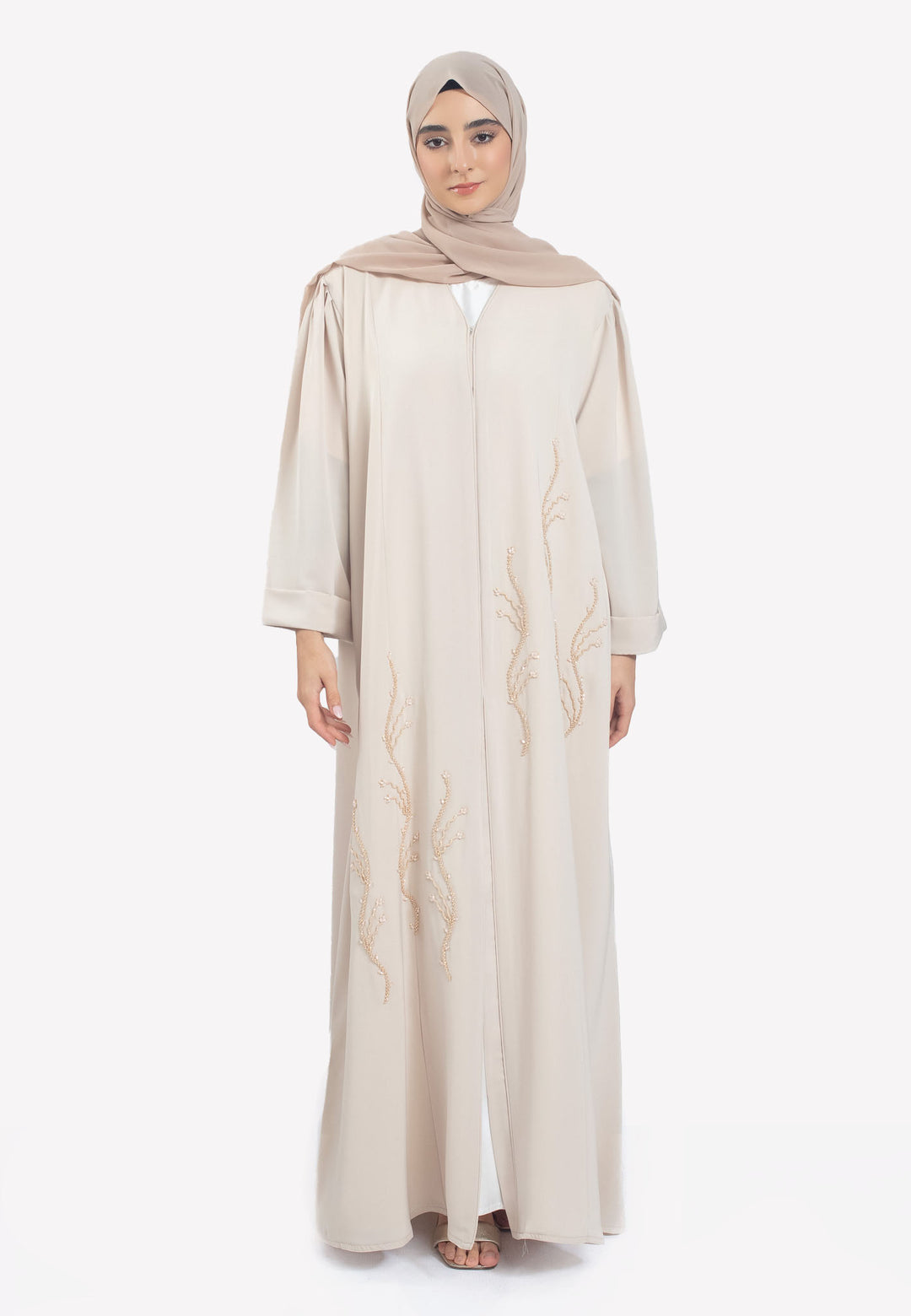 Beige Emirati Pearl Beaded Abaya