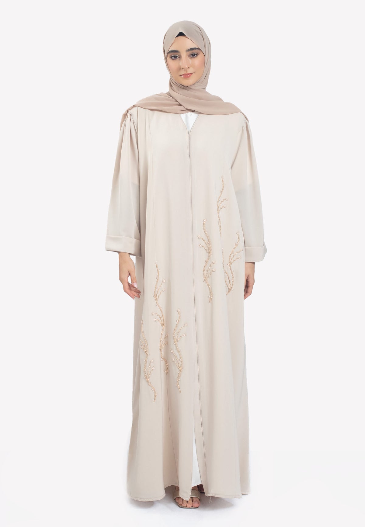 Beige Emirati Pearl Beaded Abaya
