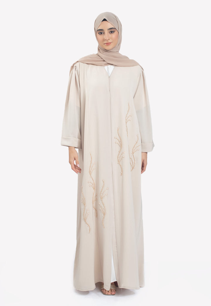 Beige Emirati Pearl Beaded Abaya