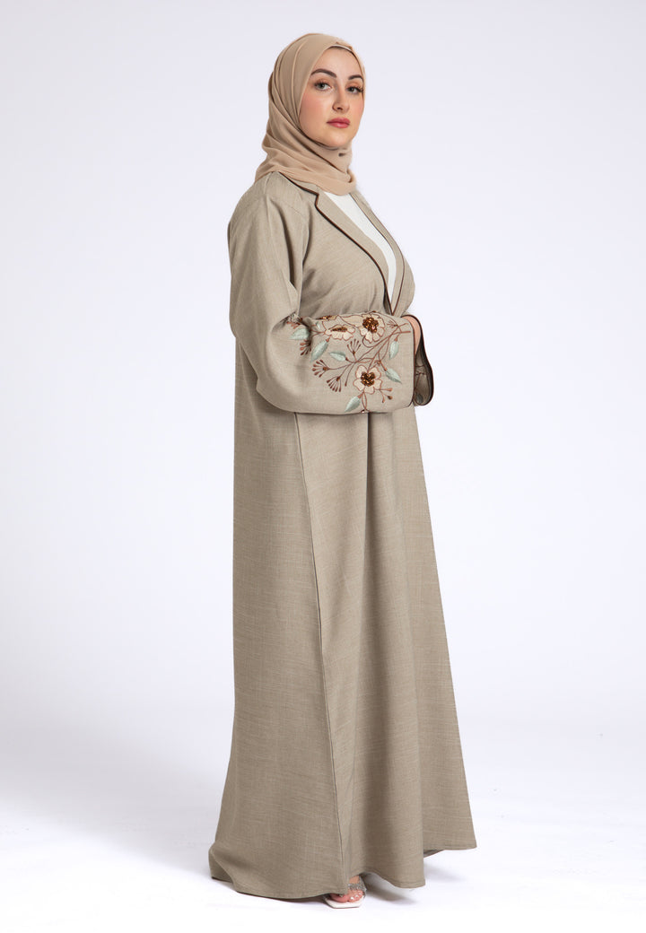 Beige Notched Lapel Linen Abaya