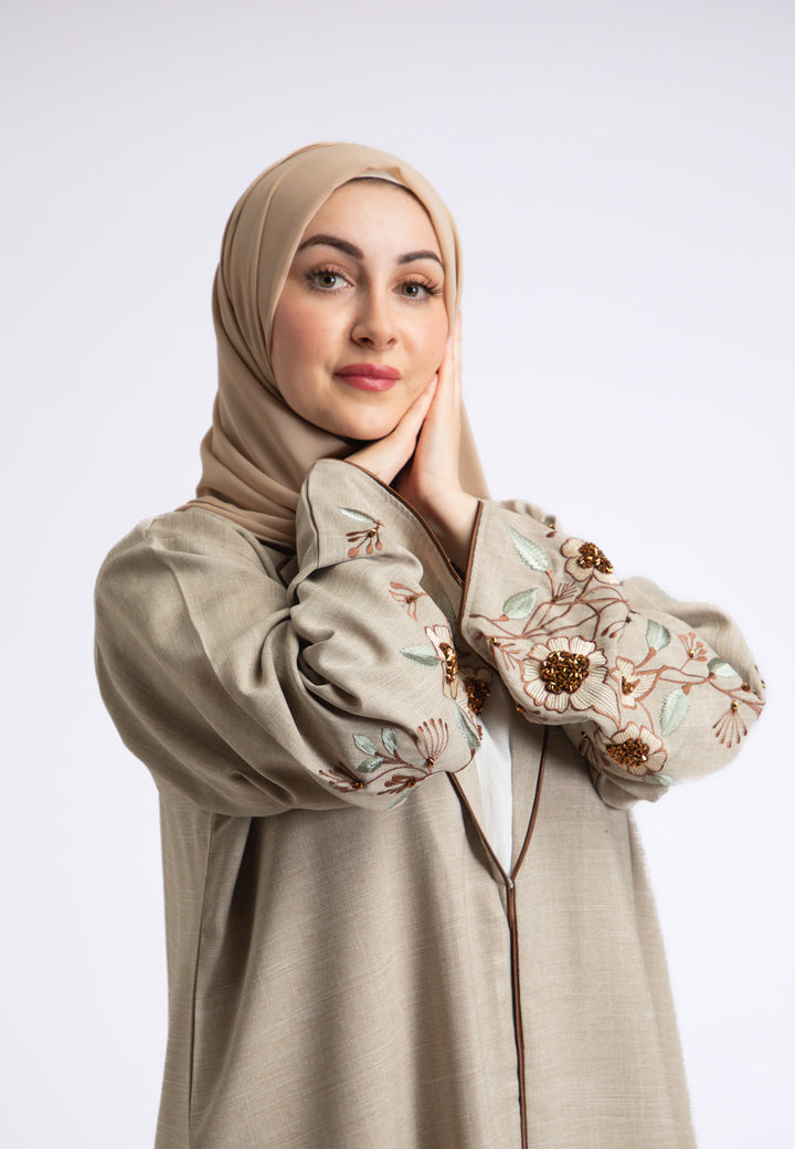 Beige Notched Lapel Linen Abaya