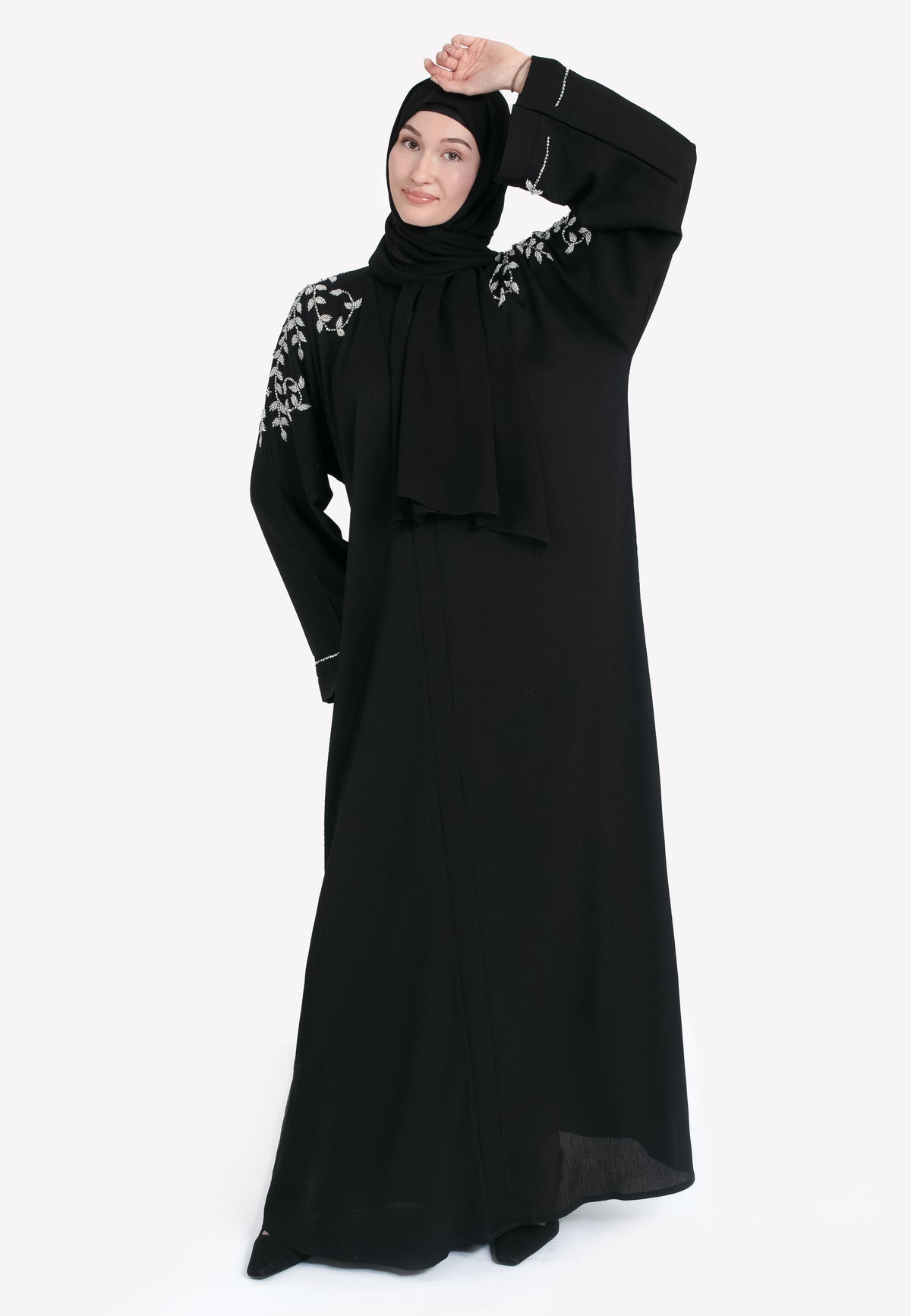 Front of Black Abaya with silver embellishments