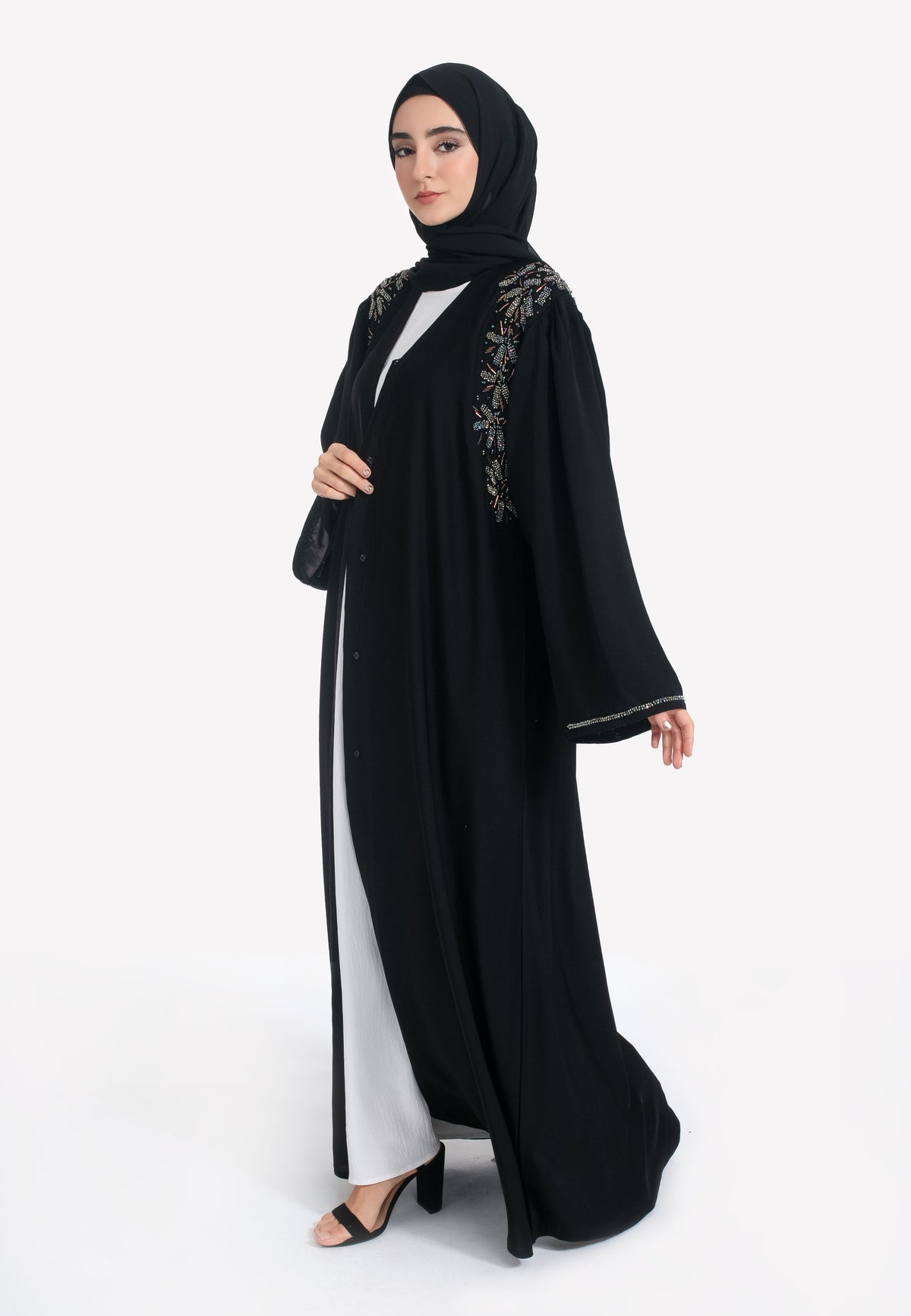 Black Crystal Open Abaya - Front