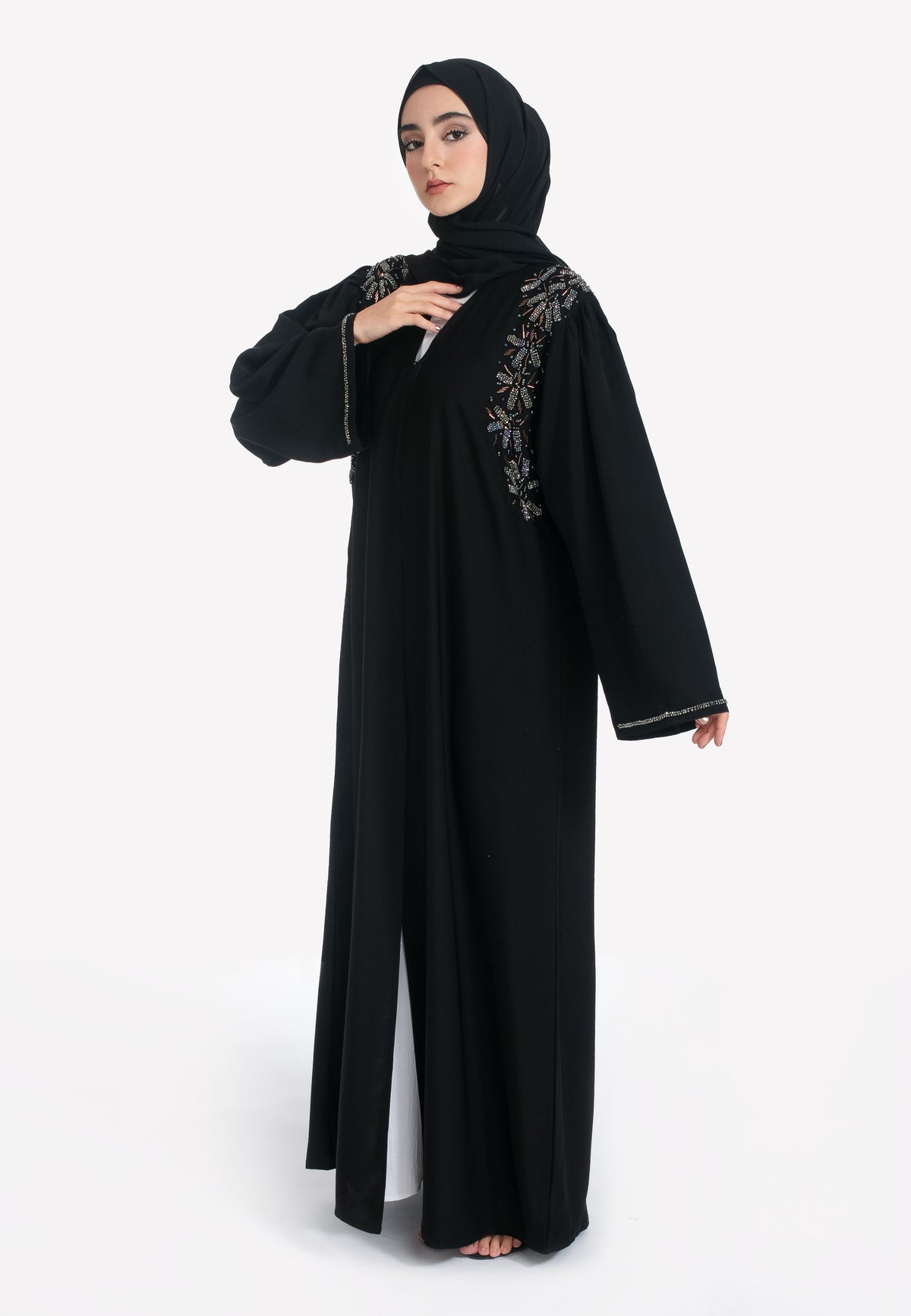 Black Crystal Embellished Abaya - Front