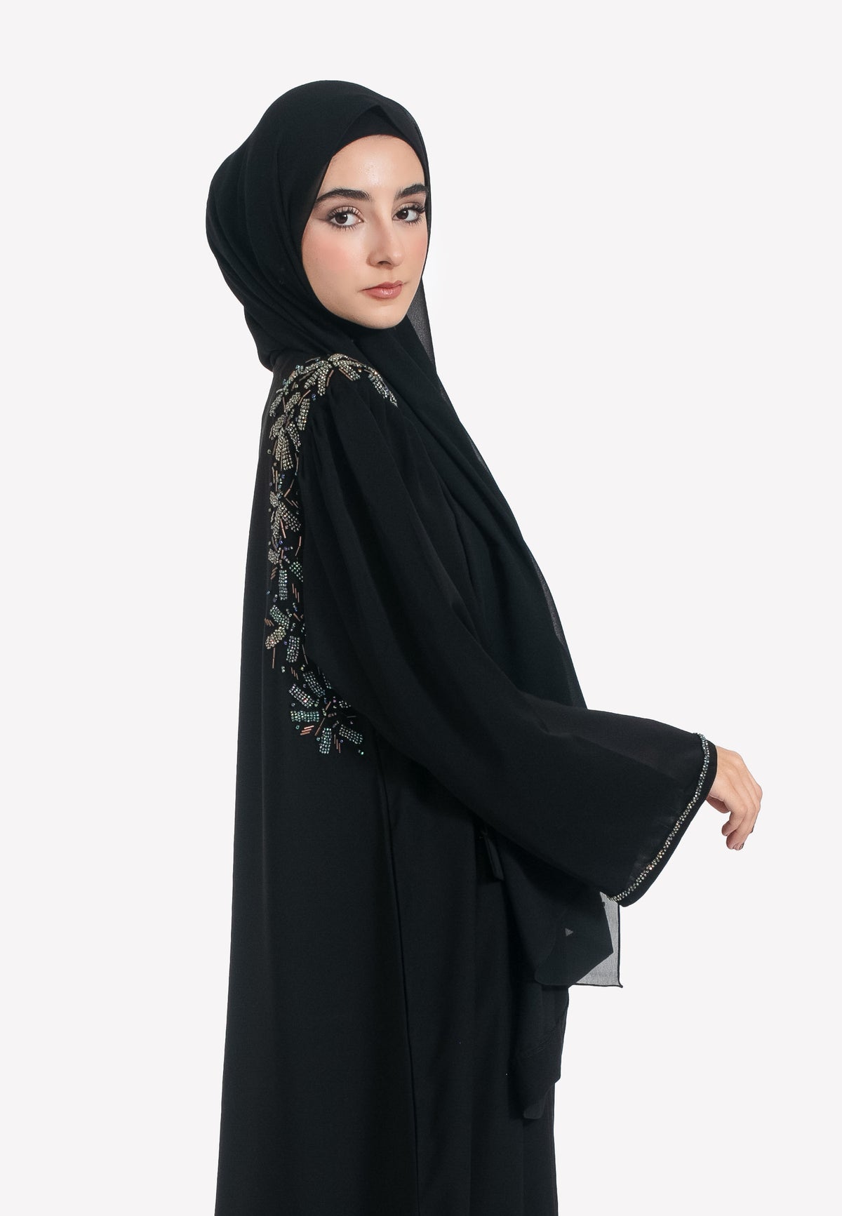Embellishment Detailing of Black Crystal Abaya
