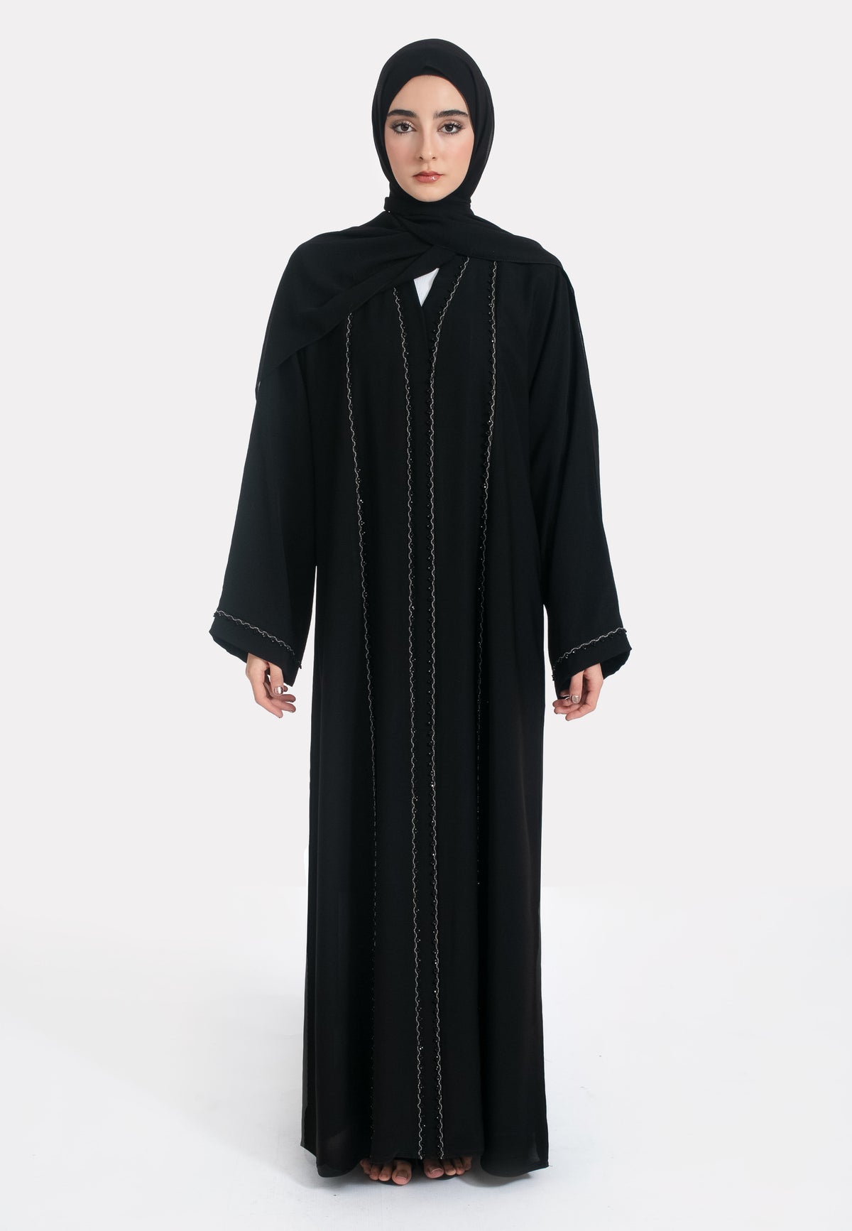Front of Black Dainty Embellished Abaya