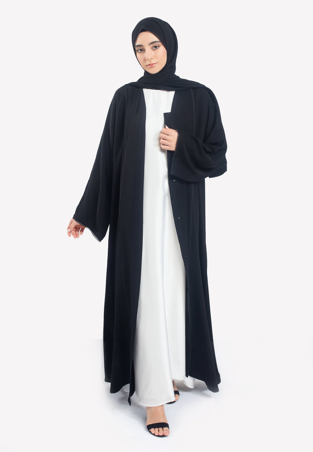 Front Open - Black Dainty Lace Abaya