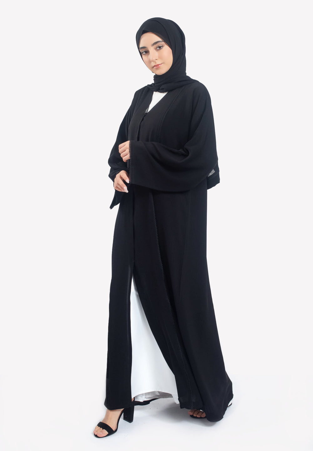 Front - Black Dainty Lace Abaya