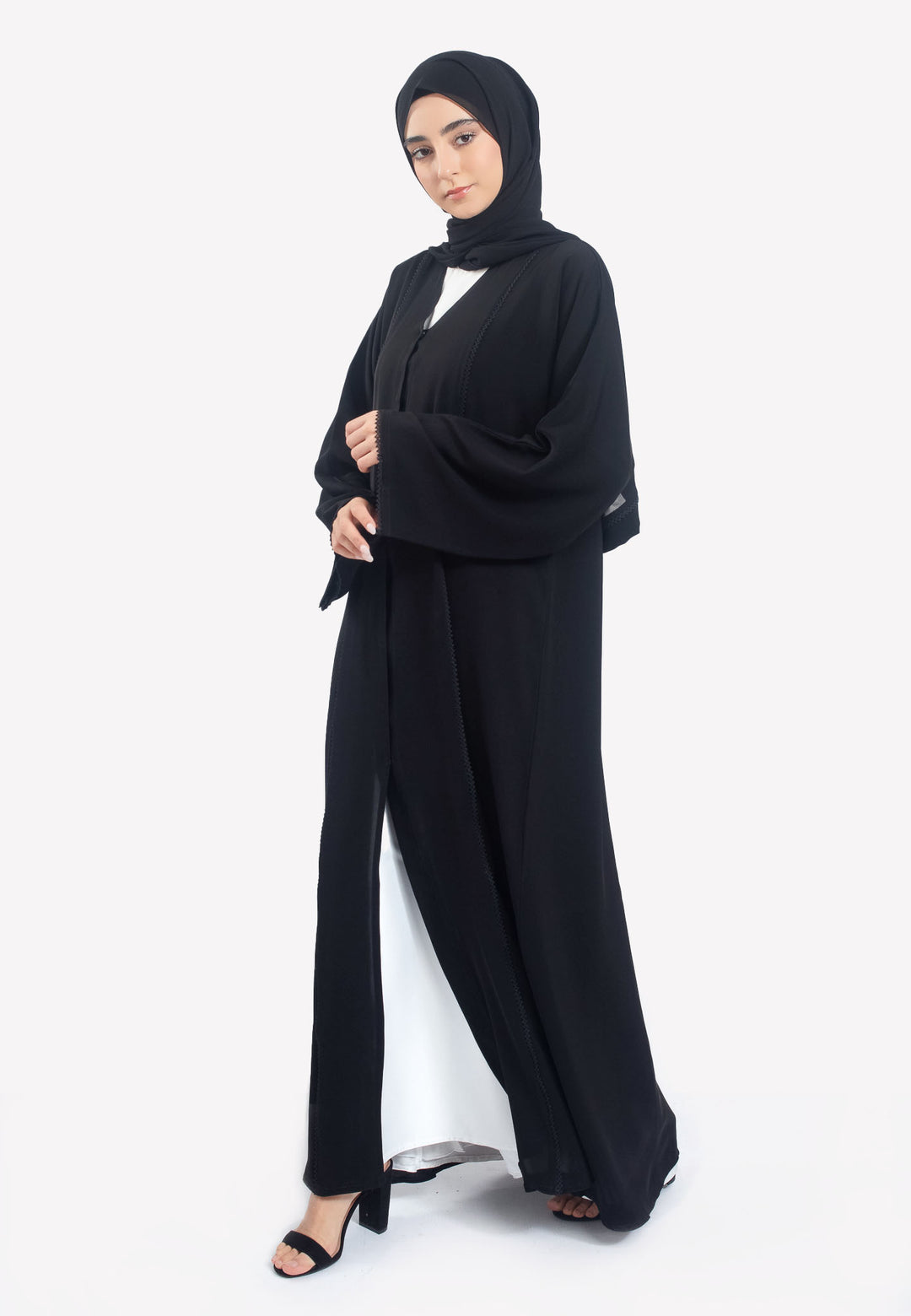 Front - Black Dainty Lace Abaya