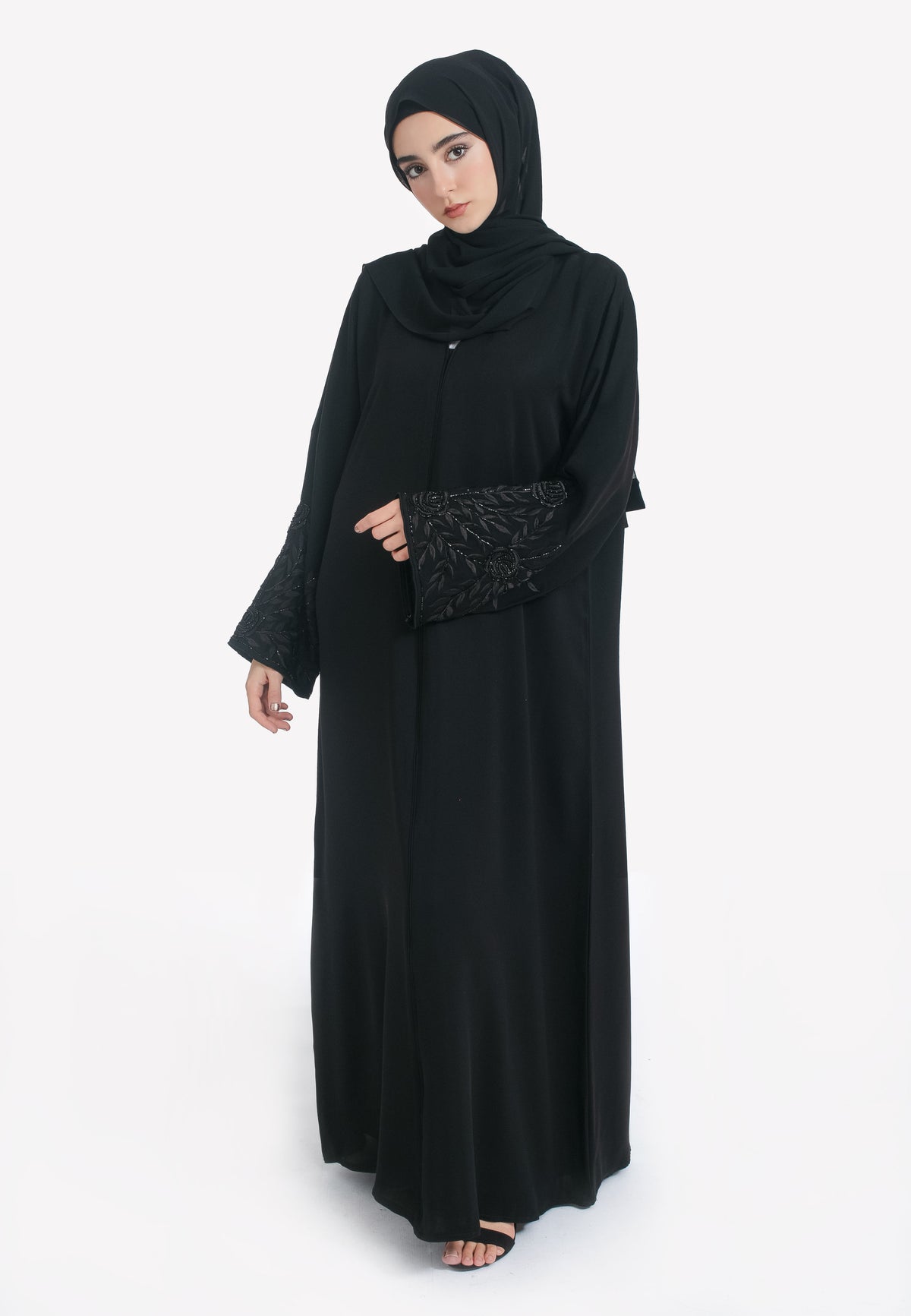 Black Embroidered Closed Abaya - Front