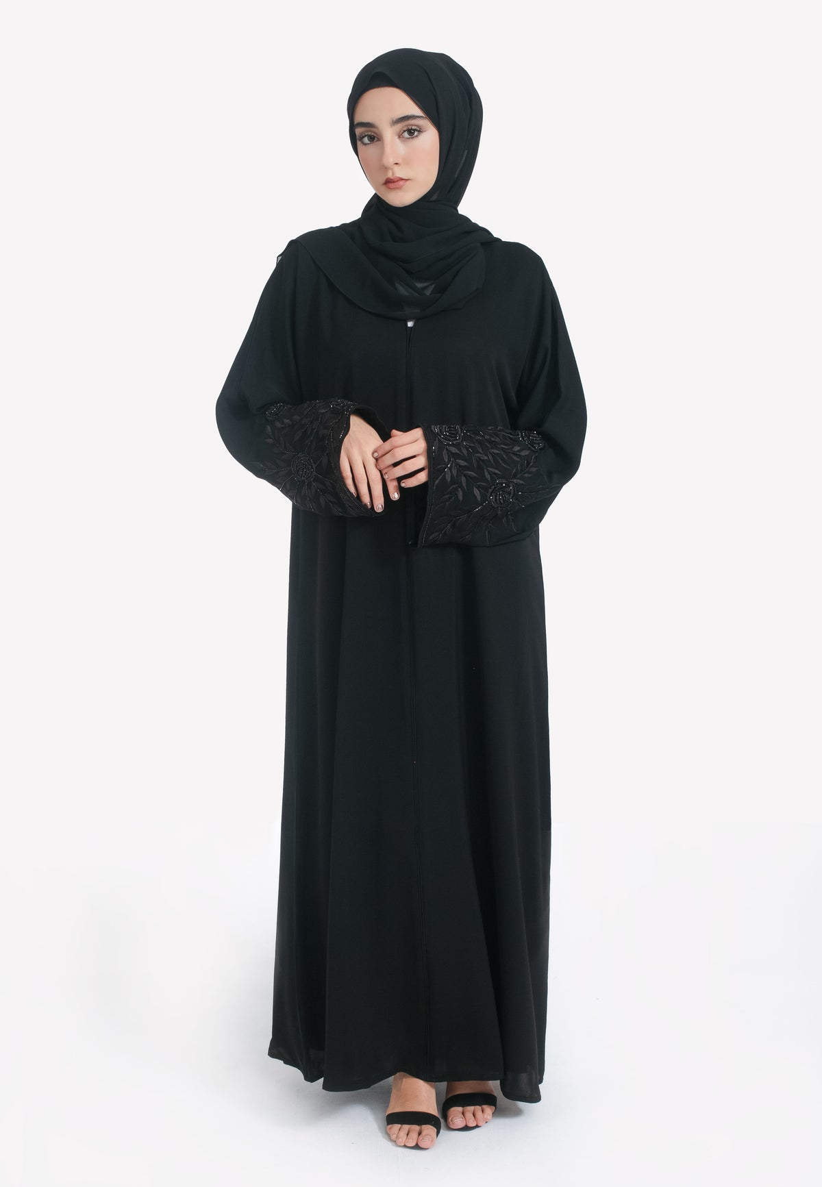 Black Embroidered Closed Abaya - Front