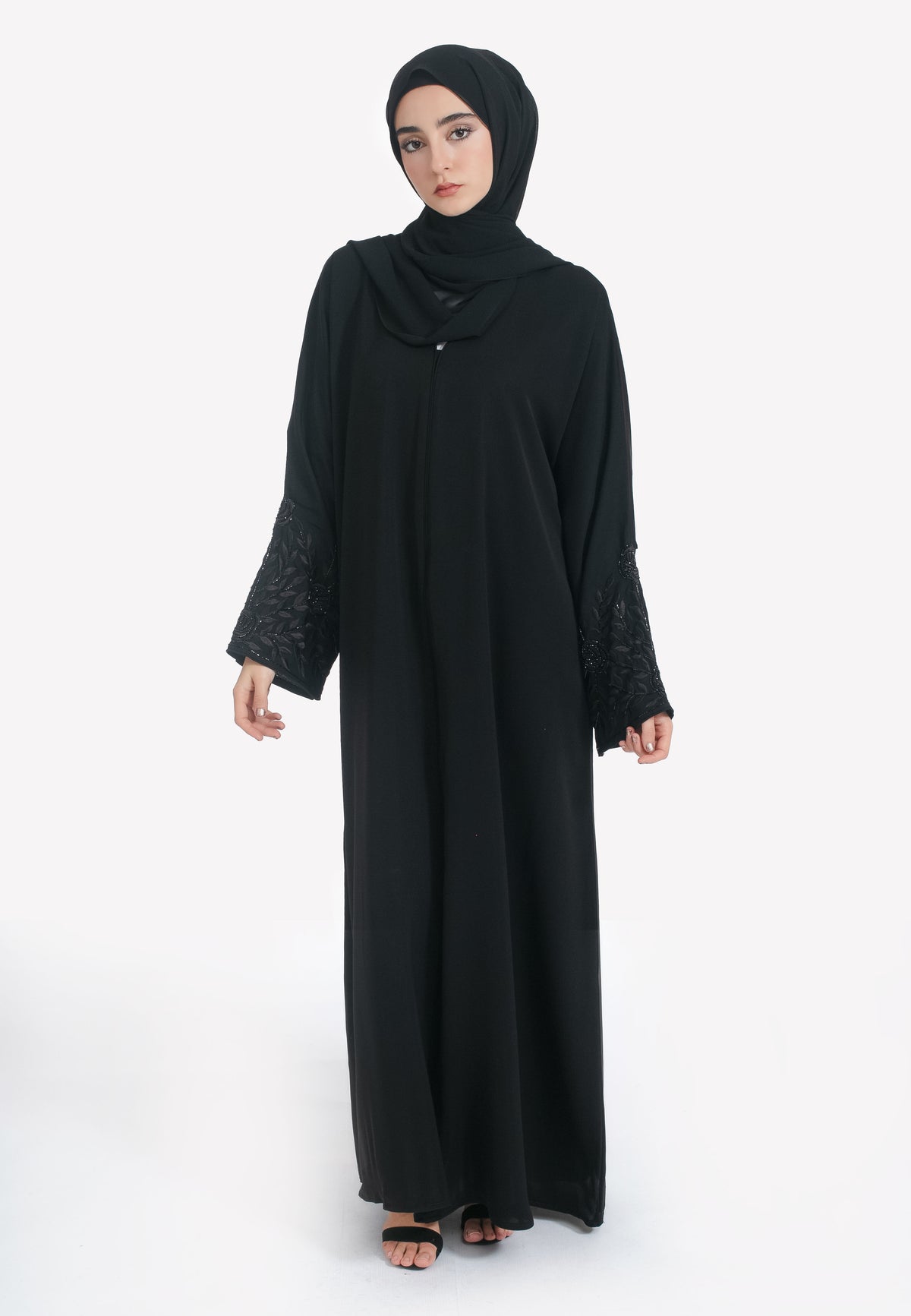 Black Embroidered Closed Abaya - Front