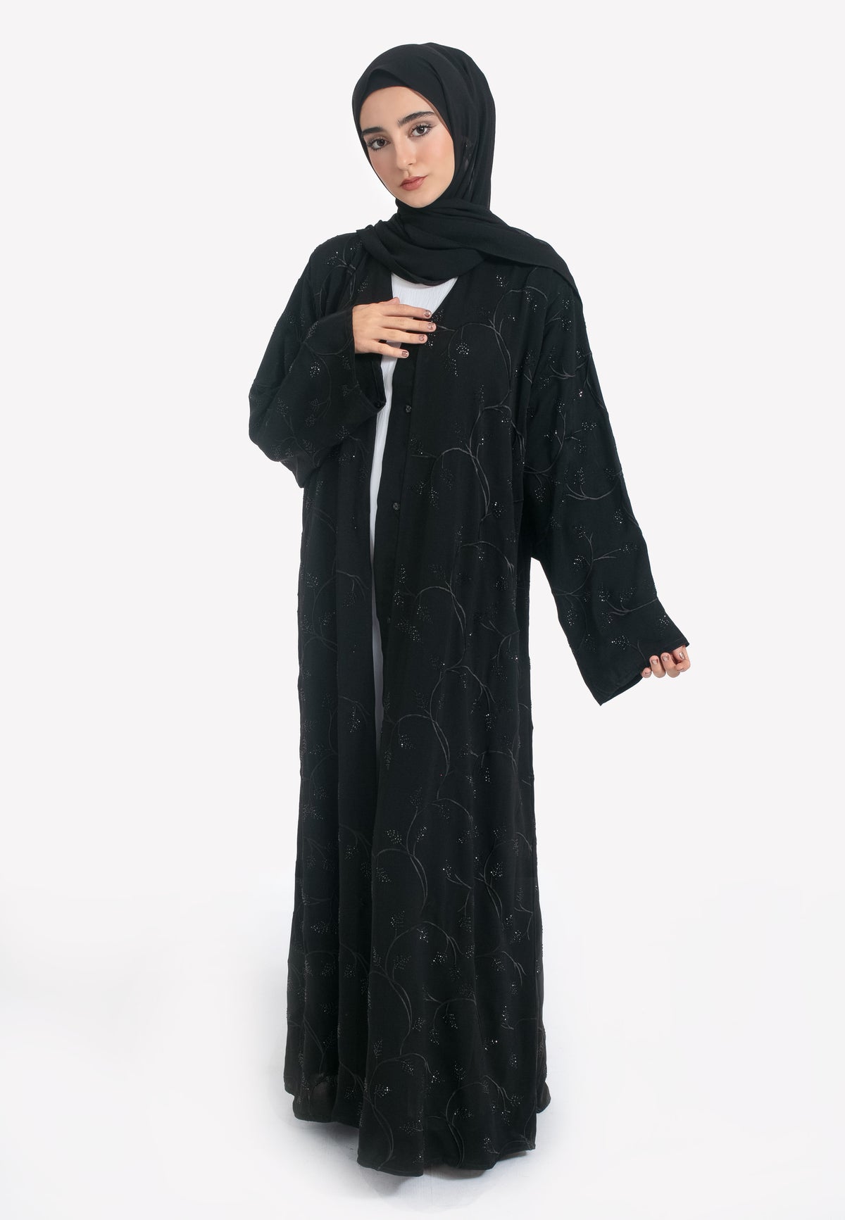 Black Foliage Embroidered Abaya - Front