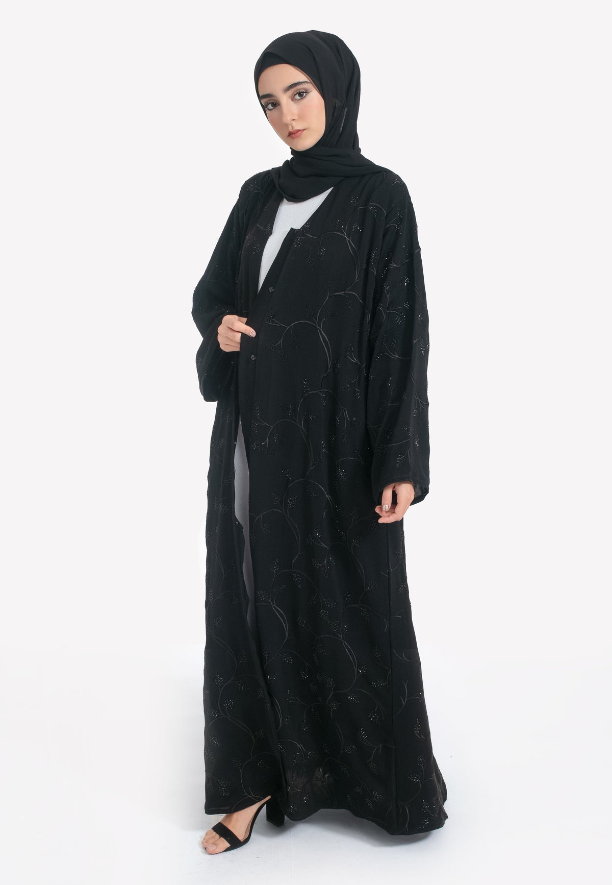 Black Foliage Embroidered Abaya - Front
