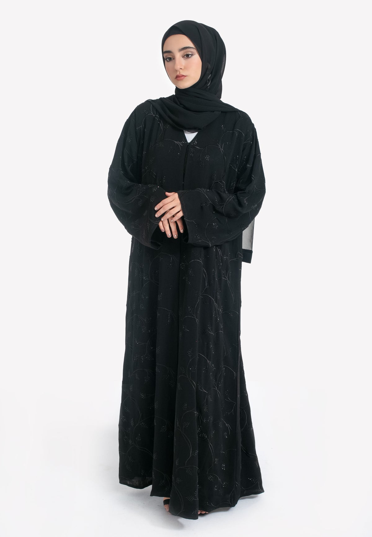 Black Foliage Embroidered Abaya - Front